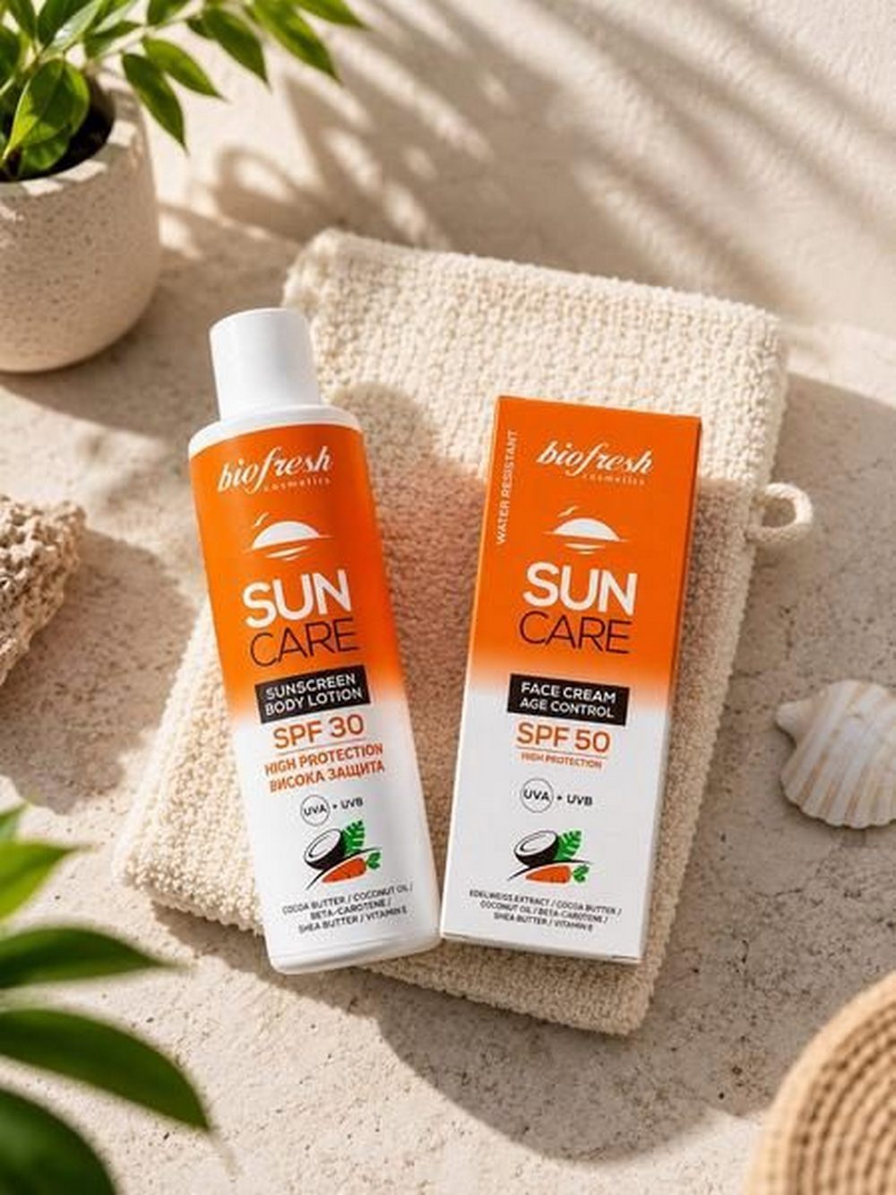 Biofresh Cosmetics Sonnenschutzcreme SUN CARE Geschenkset–Creme SPF 50, Sonnenlotion SPF 30&Waschhandschuh, Geschenkset