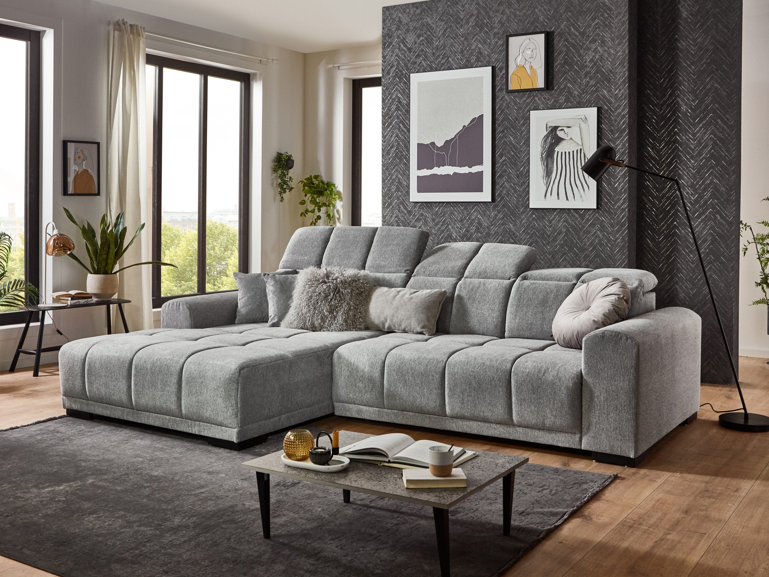 Massivart® Ecksofa grau 301 cm / L-Form / elektrische Sitztiefenverstellung MASTER, Nosagfederung • Kopfteilverstellung • inkl. Kissen Set