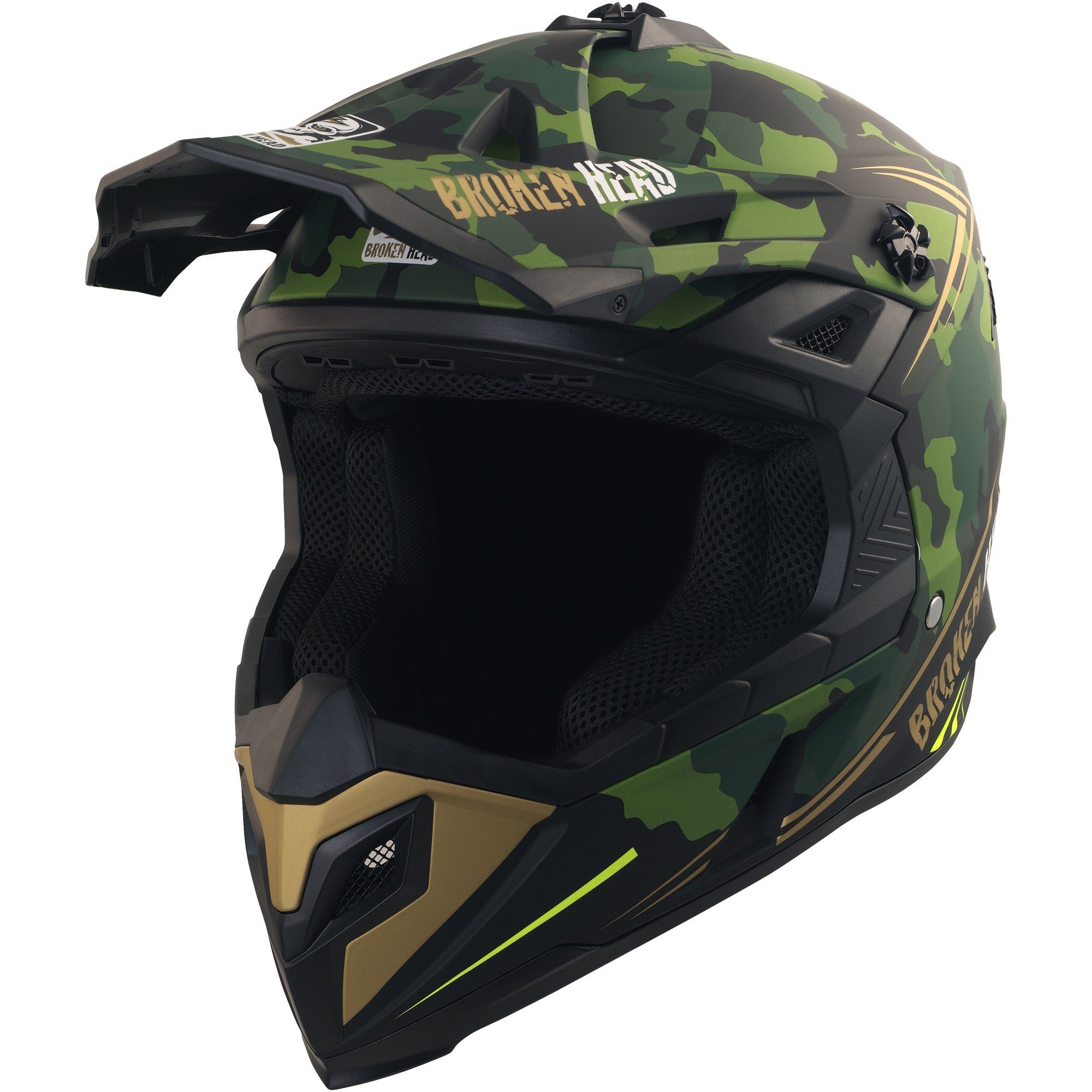 Broken Head Motocrosshelm Squadron Rebelution Camouflage-Grün-Gold, Zwei Verschlüsse