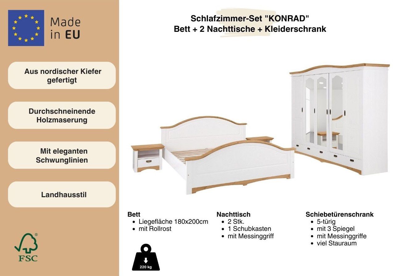 OTTO home Schlafzimmer-Set Konrad', komplettes Schlafzimmer mit großem Schrank, (Set, 4-tlg., Kleiderschrank 5 türig mit Schubladen, 2 Nachttische, Bett 180x200cm), mit 5-trg. Kleiderschrank, Bett 180/200 cm und 2 Nachttischen