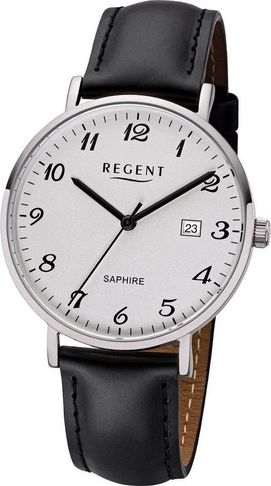 Regent Quarzuhr Regent Herren Uhr F-1229 Leder Quarz, Herren Armbanduhr  rund, mittel (ca. 38mm), Lederarmband