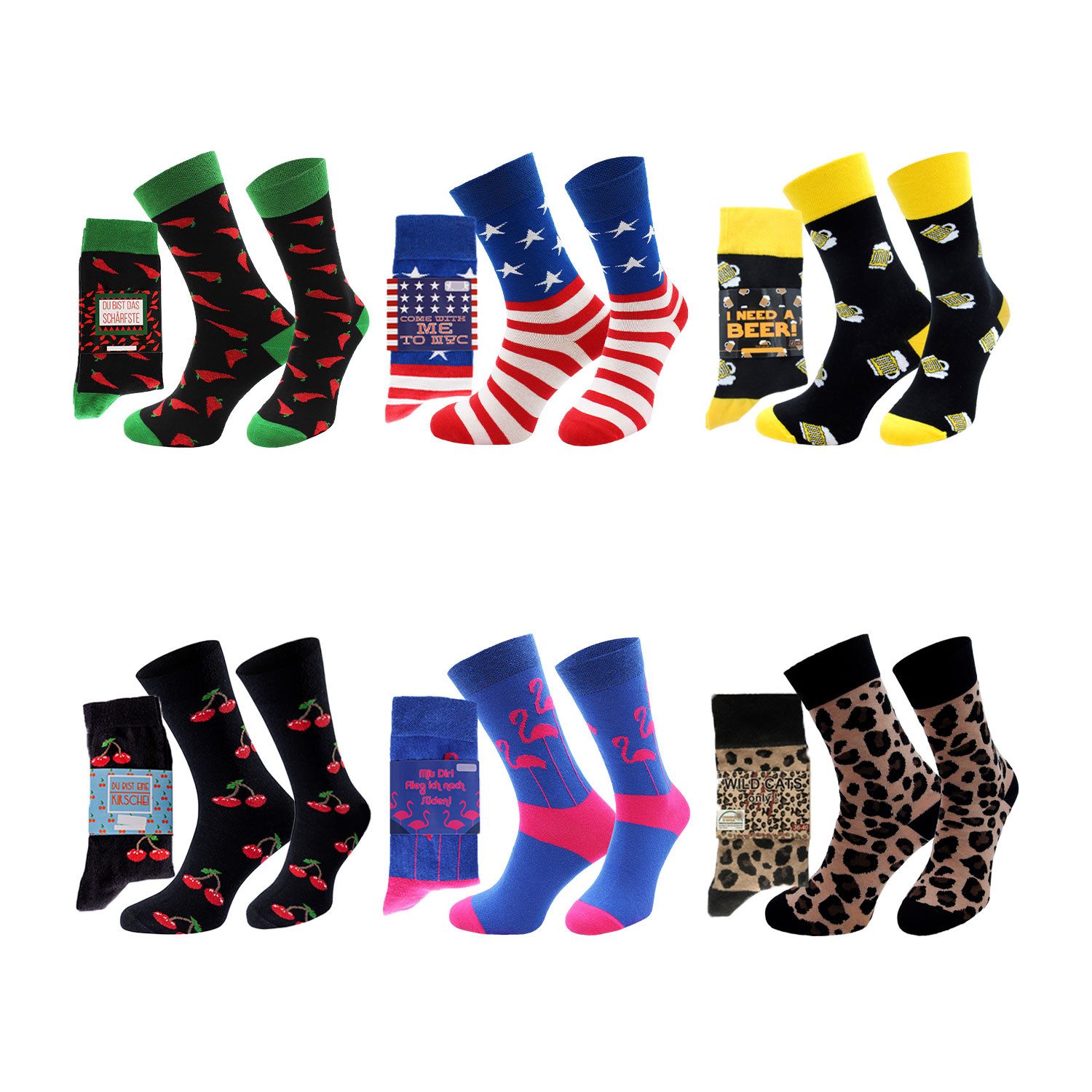 Freizeitsocken Geschenksocken Set 6 Paar verschiedene Motive mit Spruchbanderole