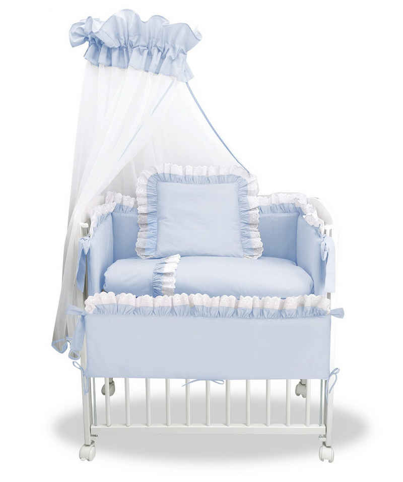 hopsibaby Beistellbett Babybett Komplettbett Royal BLAU, Spitze-Weiß Stubenbett Hochwertig, Premium Baumwolle