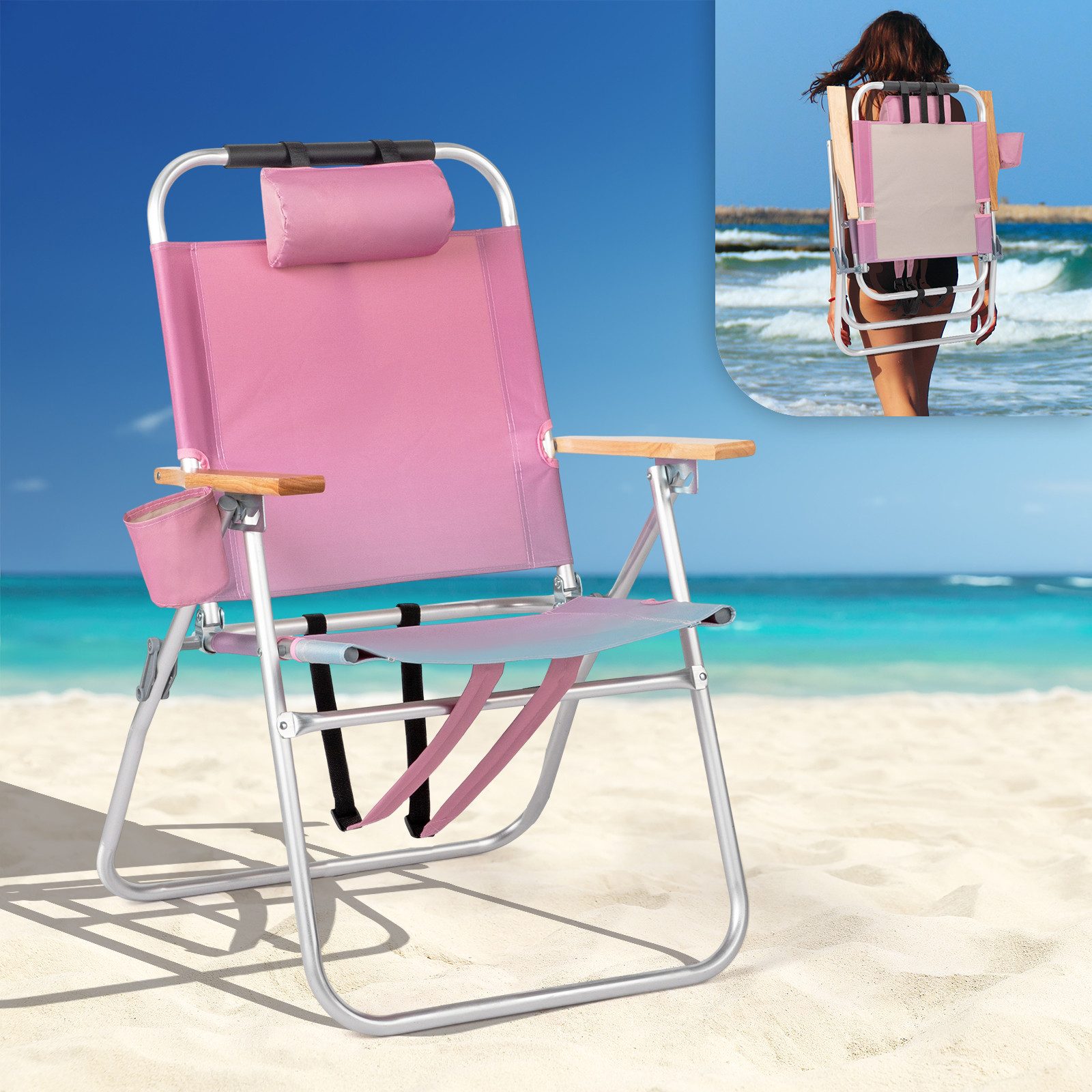 Bonnlo Campingstuhl aus Aluminium, 3-Fach Verstellbarer Rückenlehne, Rosa, Blau (1 St), Verstellbarer Rückenlehne und zugeklappt