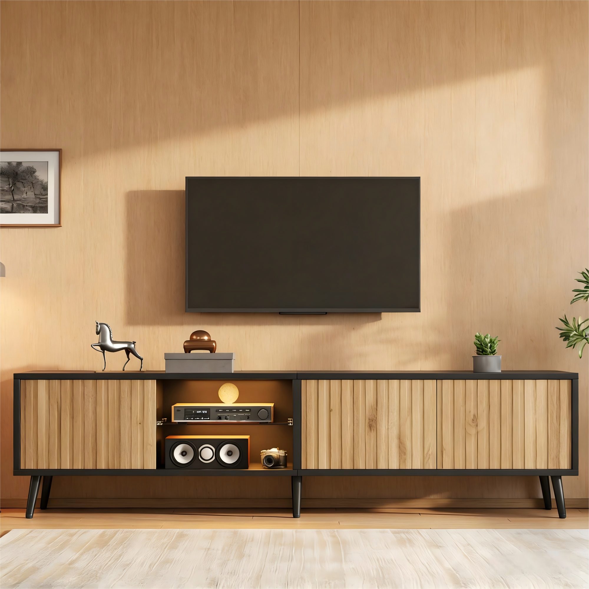 Merax Lowboard mit LED-Beleuchtung und App Steuerung, TV Schrank in Holzoptik (1 St), Wohnzimmerschrank mit 3 Türen, Glasregal & Stauraum, 175x31x43,5cm