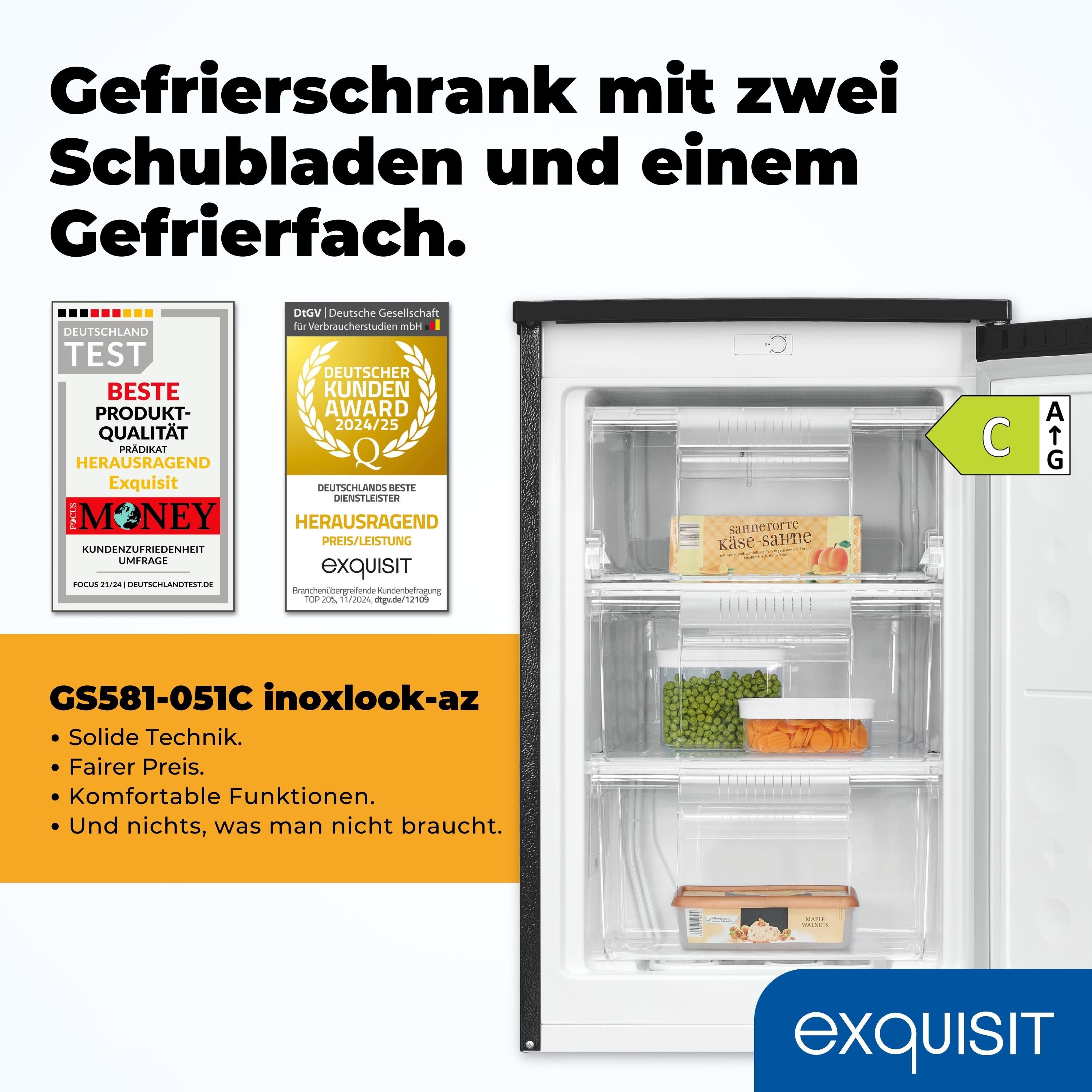 exquisit Gefrierschrank GS581-051C, 845 cm hoch, 549 cm breit, 85 Liter, 4-Sterne-Gefrieren, 39 dB, Türanschlag wechselbar, EEK: C