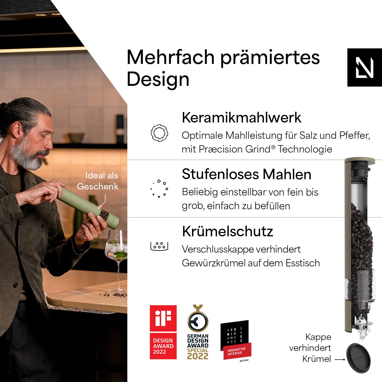 LARS NYSØM Gewürzmühle Lagom manuelle Bedienung, (1 Stück), Edelstahl XXL Gewürzmühle mit Keramikmahlwerk (Stufenlos)