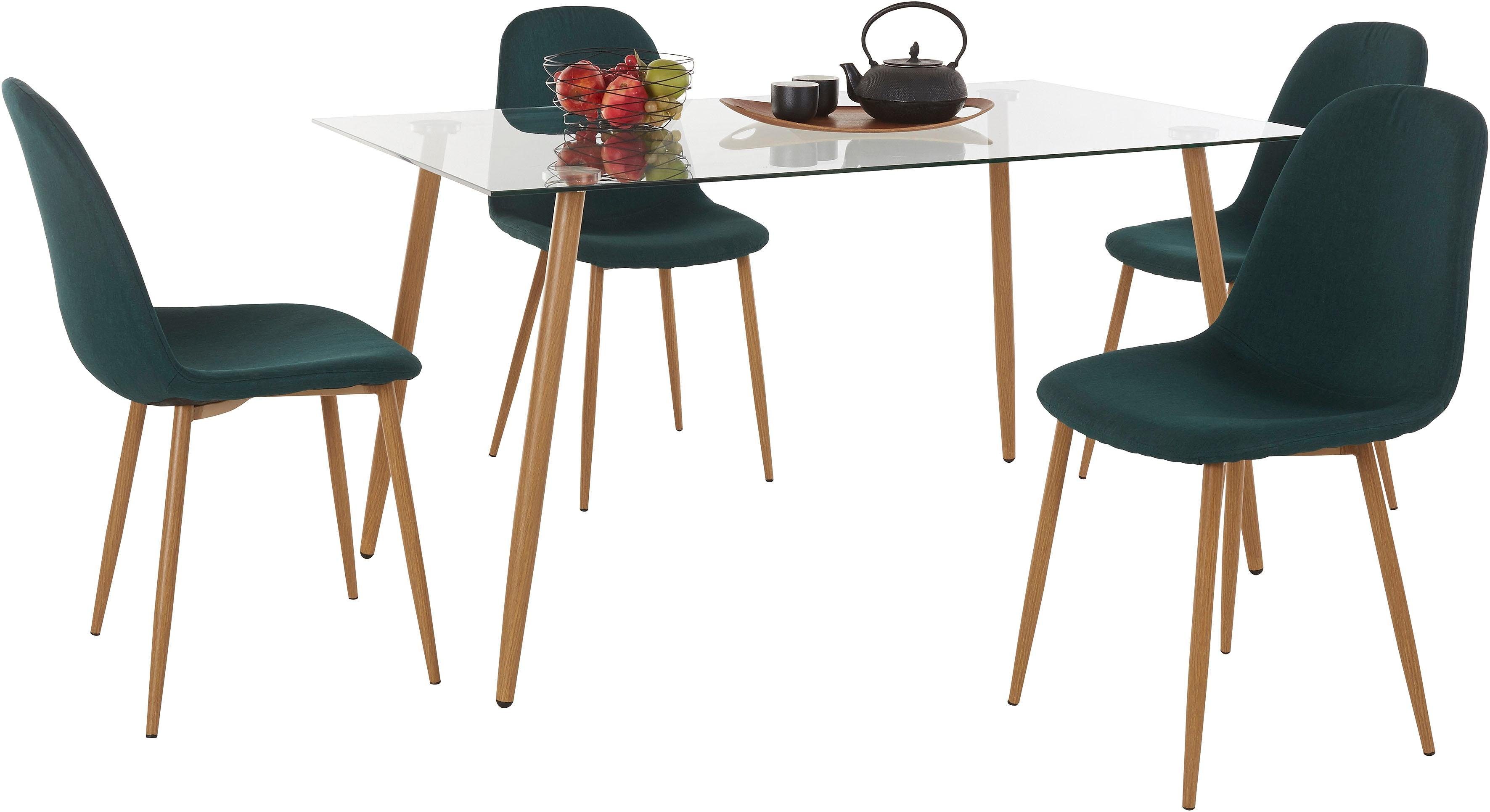 INOSIGN Essgruppe Miller, (Set, 5-tlg), Eckiger Glastisch mit 4 Stühlen (Webstoff) dunkelgrün | Essgruppen