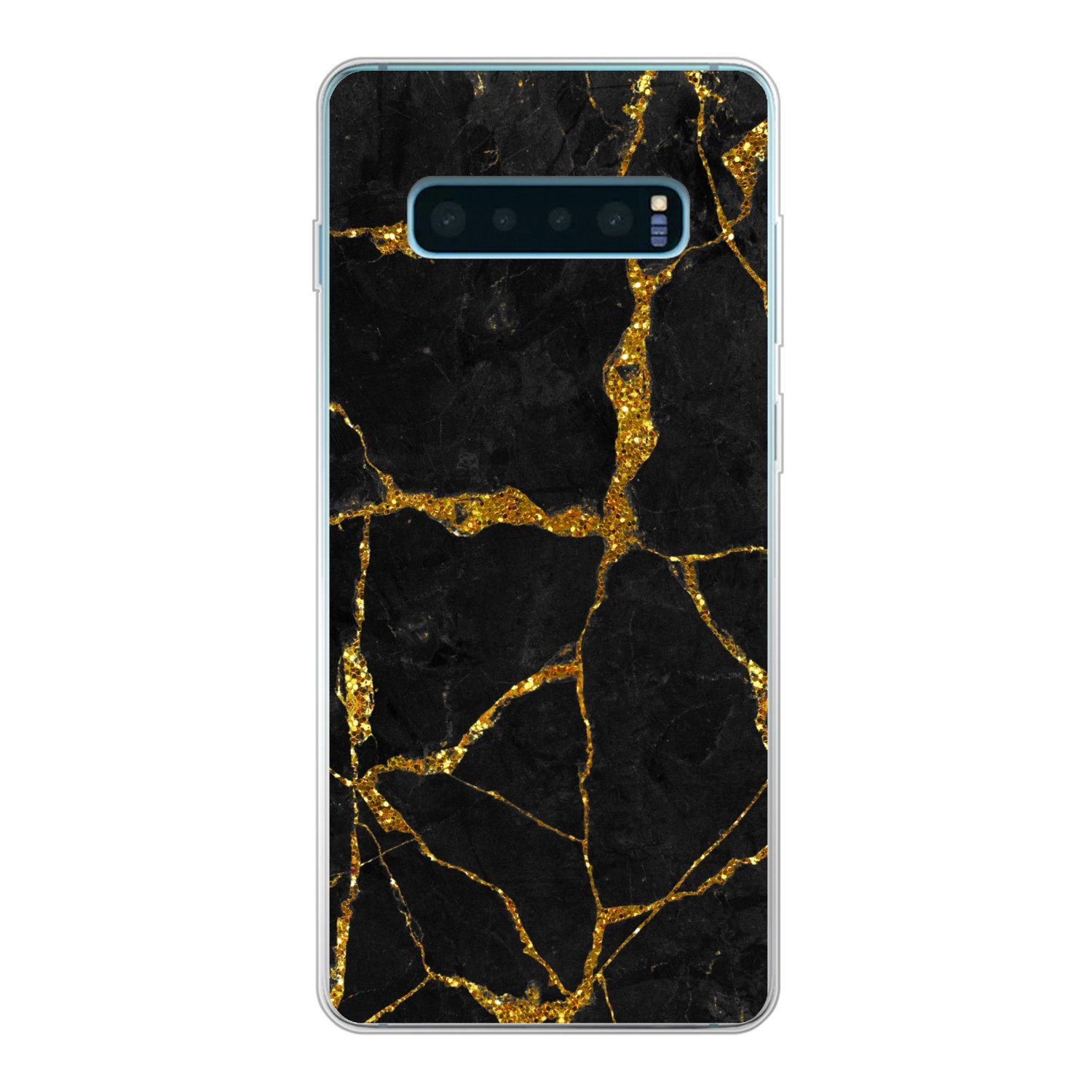 MuchoWow Handyhülle für Samsung Galaxy S10 Plus Marmor - Gold - Schwarz - Marmoroptik - Gl, Phone Case, Silikon, Schutzhülle Dünn