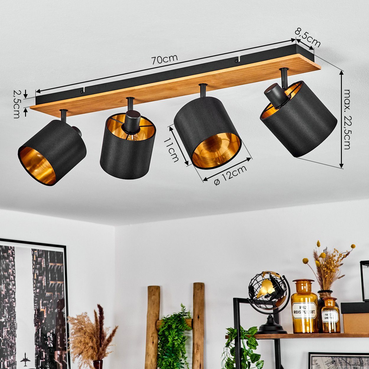 Deckenlampe 4xE14 »Costa« im Schirmen, Deckenleuchte Design Leuchtmittel, Holz/Metall/Stoff verstellbaren mit in Natur/Schwarz/Goldfarben, Leuchte aus skandinavischen ohne hofstein