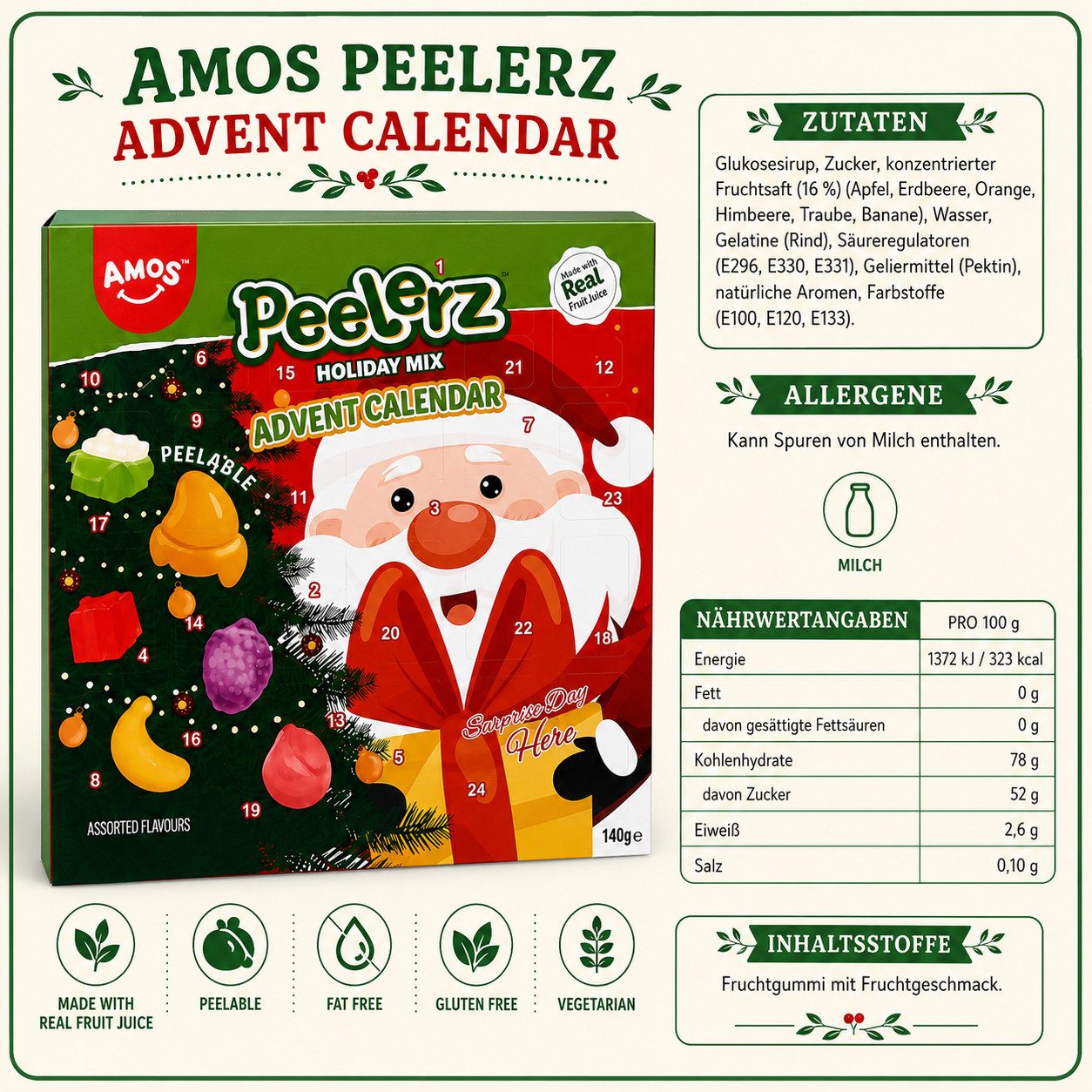 AMOS Lebensmittel-Adventskalender AMOS Peelerz Adventskalender – Fruchtgummi-Weihnachtskalender, 140 g – Bild 3 von 3