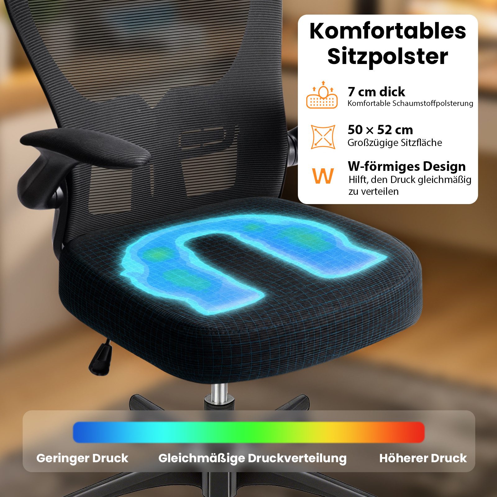 Durrafy Bürostuhl Ergonomischer Bürostuhl,Schreibtischstuhl mit klappbaren Armlehnen, Chefsessel mit 150 kg Tragfähigkeit – Bild 4 von 5
