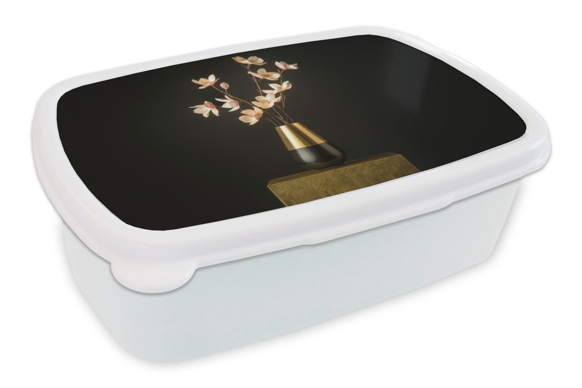 MuchoWow Lunchbox Verschnörkelt - Blumenstrauß - Gold - Vase, Kunststoff, (2-tlg), Brotdose Schule oder Arbeit, Brotbox für Kinder und Erwachsene