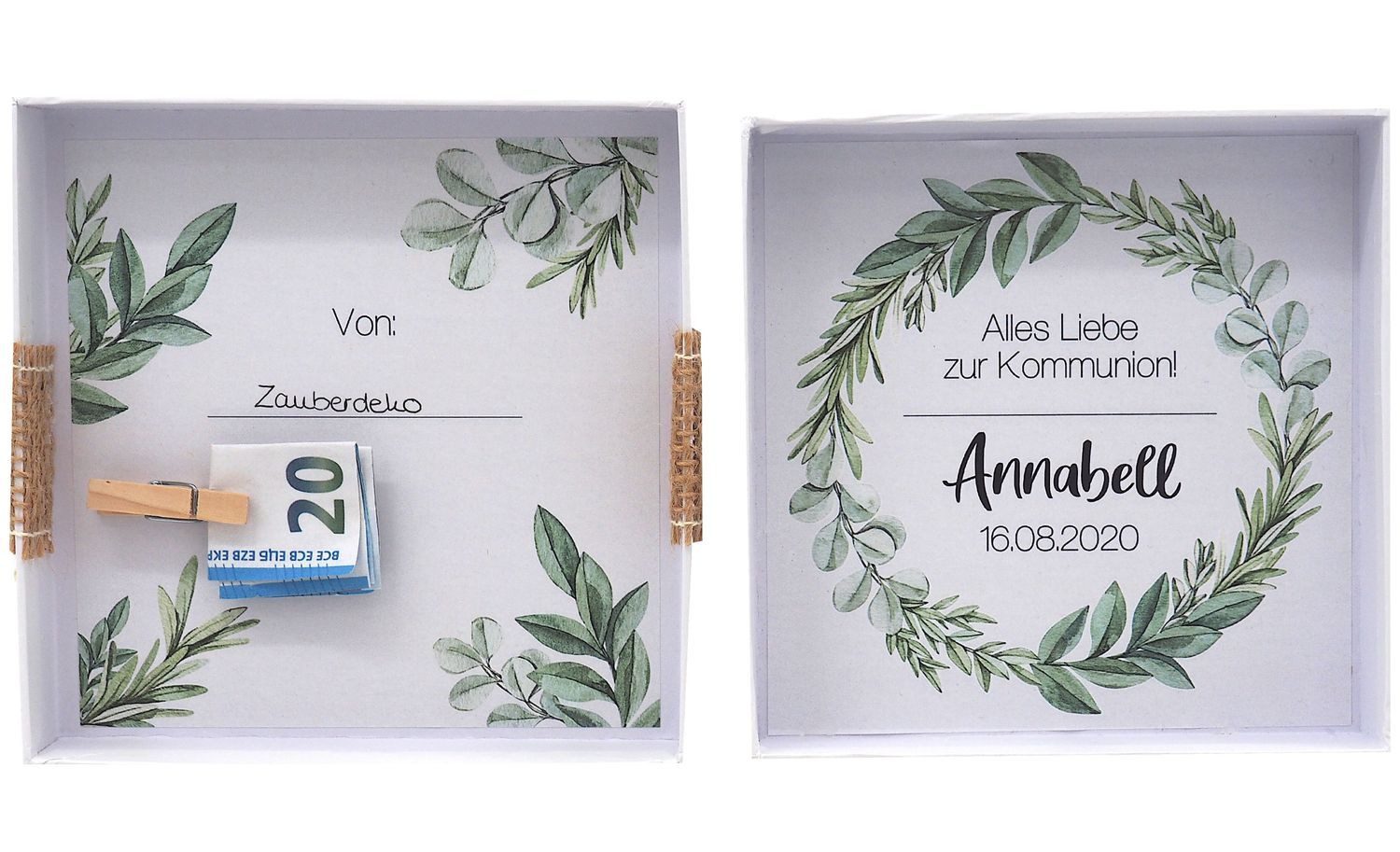 ZauberDeko Geschenkbox Geldgeschenk MIT NAME Kommunion Konfirmation Fisch Eukalyptus