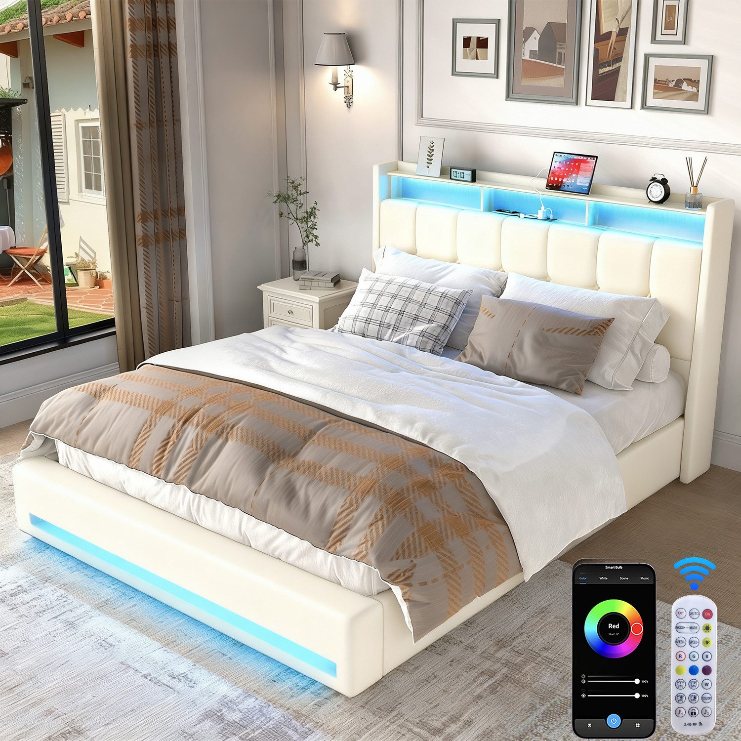 oyajia Polsterbett Doppelbett mit LED Licht,Hydraulisch anhebbarer Stauraumbett 140x200cm (Mit Lattenrost und Ladefunktion, Leinenmaterial Polsterbettt), Modernes Jugendbett, Leises Design Bett, Max. Belastbarkeit 350 kg