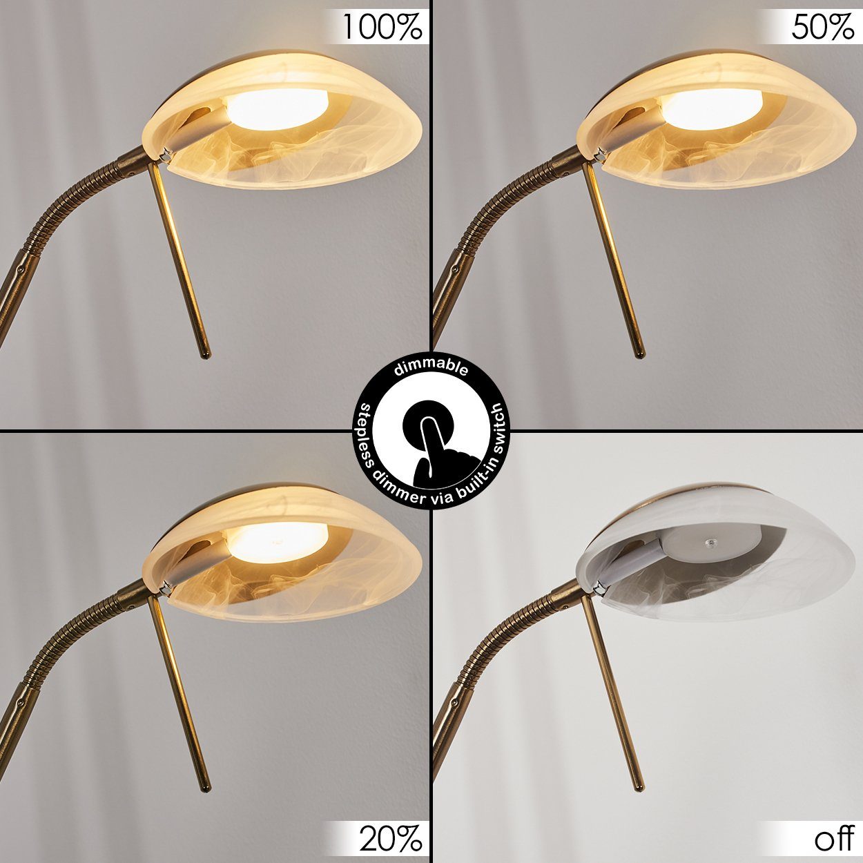 hofstein Deckenfluter »Lainate« moderne Stehleuchte aus Metall in Altmessing, 3000 Kelvin, Standleuchte mit Dimmer u. verstellbarem Lesearm, mit Fußschalter