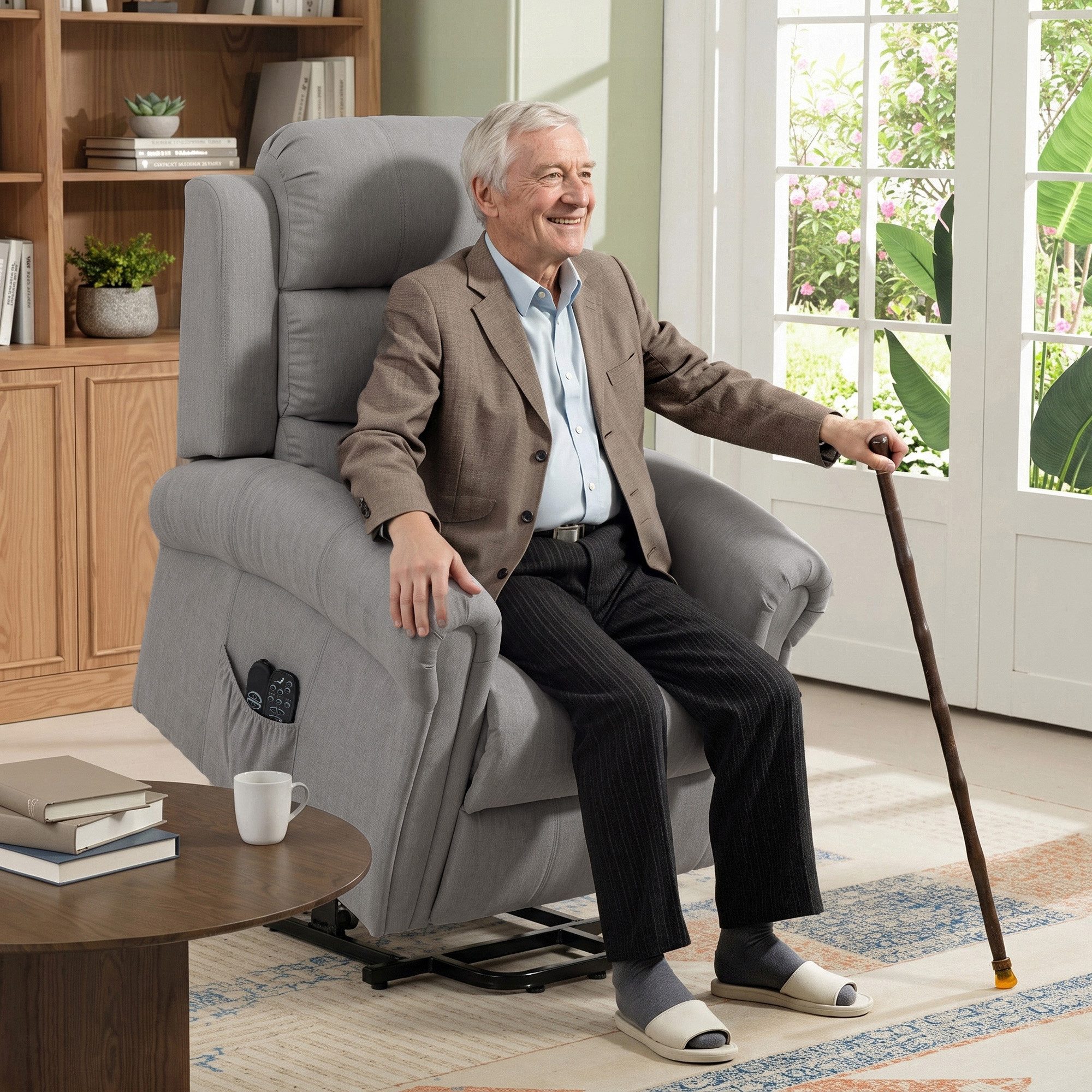 HOMCOM Relaxsessel Fernsehsessel, Massagesessel, Vibrationsmassage, Liegefunktion (Massagesessel mit Aufstehhilfe, 1-St., Relaxsessel), mit Fernbedienung, Seitentasche, Fußteil, Hellgrau