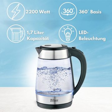 Zilan Wasserkocher ZLN-3963, 1,7 l, 2200 W, Glaswasserkocher,LED-Beleuchtung,Edelstahl,BPA-frei