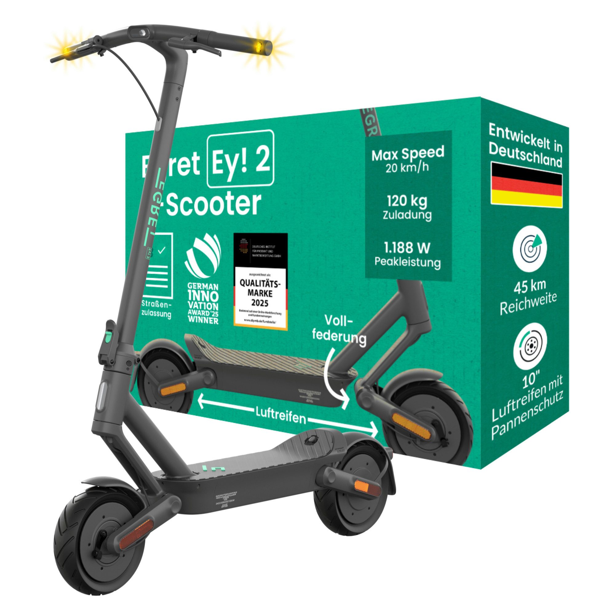 Egret E-Scooter Ey! 1,2,3,6,S mit Straßenzulassung, Blinker, 20 km/h, 30-65 km Reichweite, Entwicklung & Service aus Deutschland