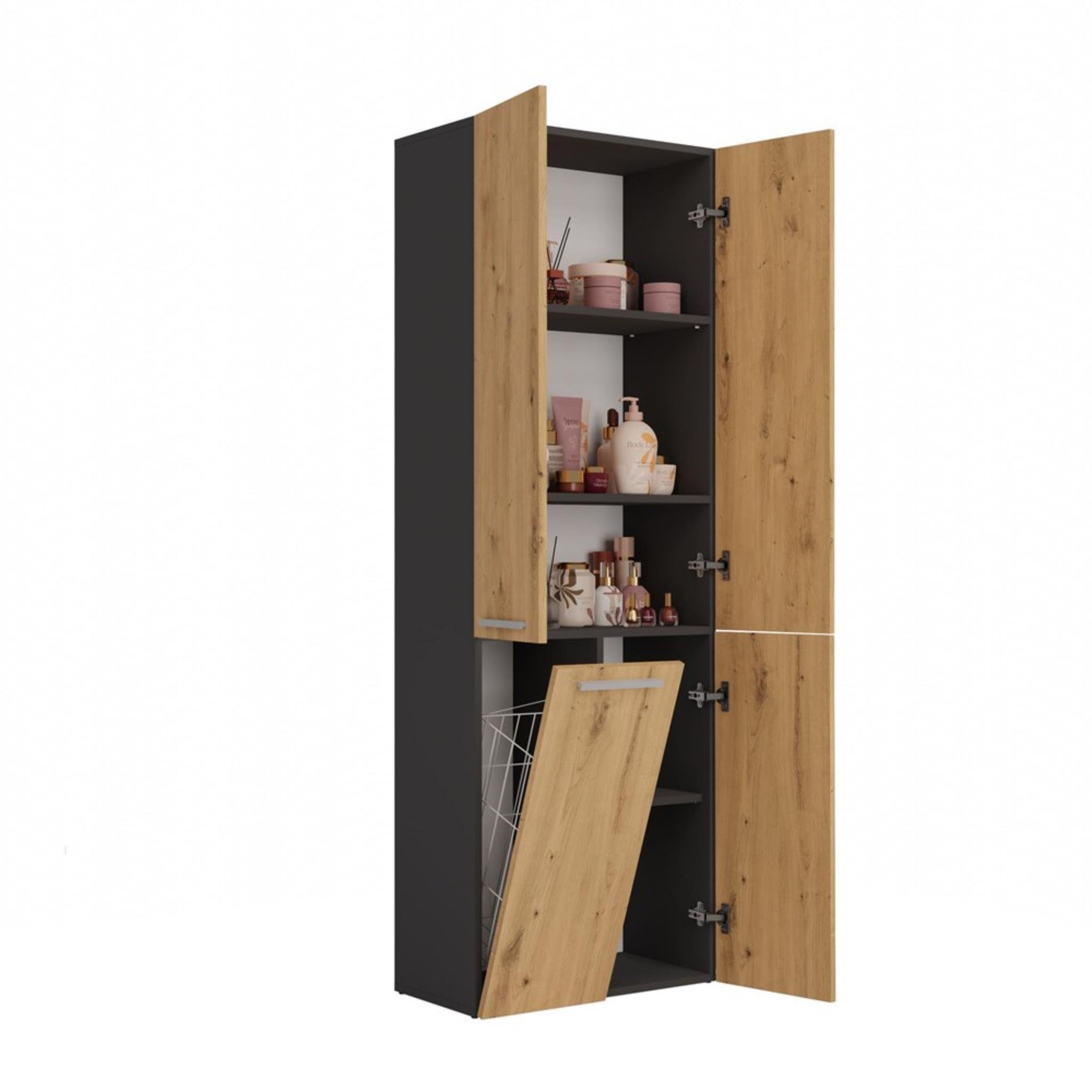 Anthrazit Artisan Wäschkorb 1k + (Badezimmerschrank, mit Beautysofa Badezimmer DD Wäscheschrank, Hochschrank Baderegal) Nolan