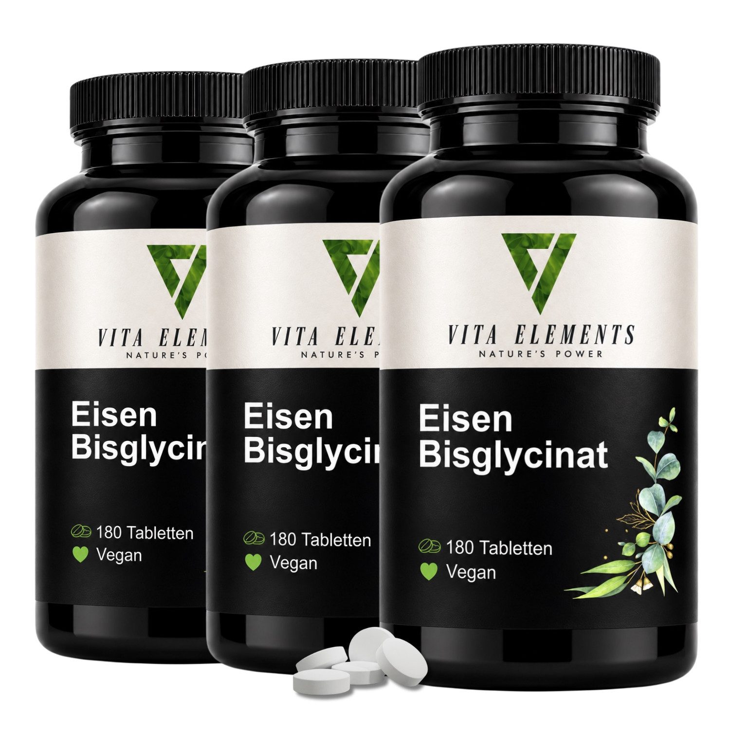 Vita Elements Eisen Bisglycinat - 28mg Eisen mit hoher Bioverfügbarkeit, 540 Tabletten, 3 er Spar-Set à 180 St., Vegan, Hochdosiert, Ohne unnötige Zusätze, Laborgeprüft in Deutschland