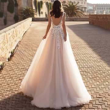 FIDDY Abendkleid Spitzenkleid - Abendkleid mit tiefem V-Ausschnitt -Brautkleid