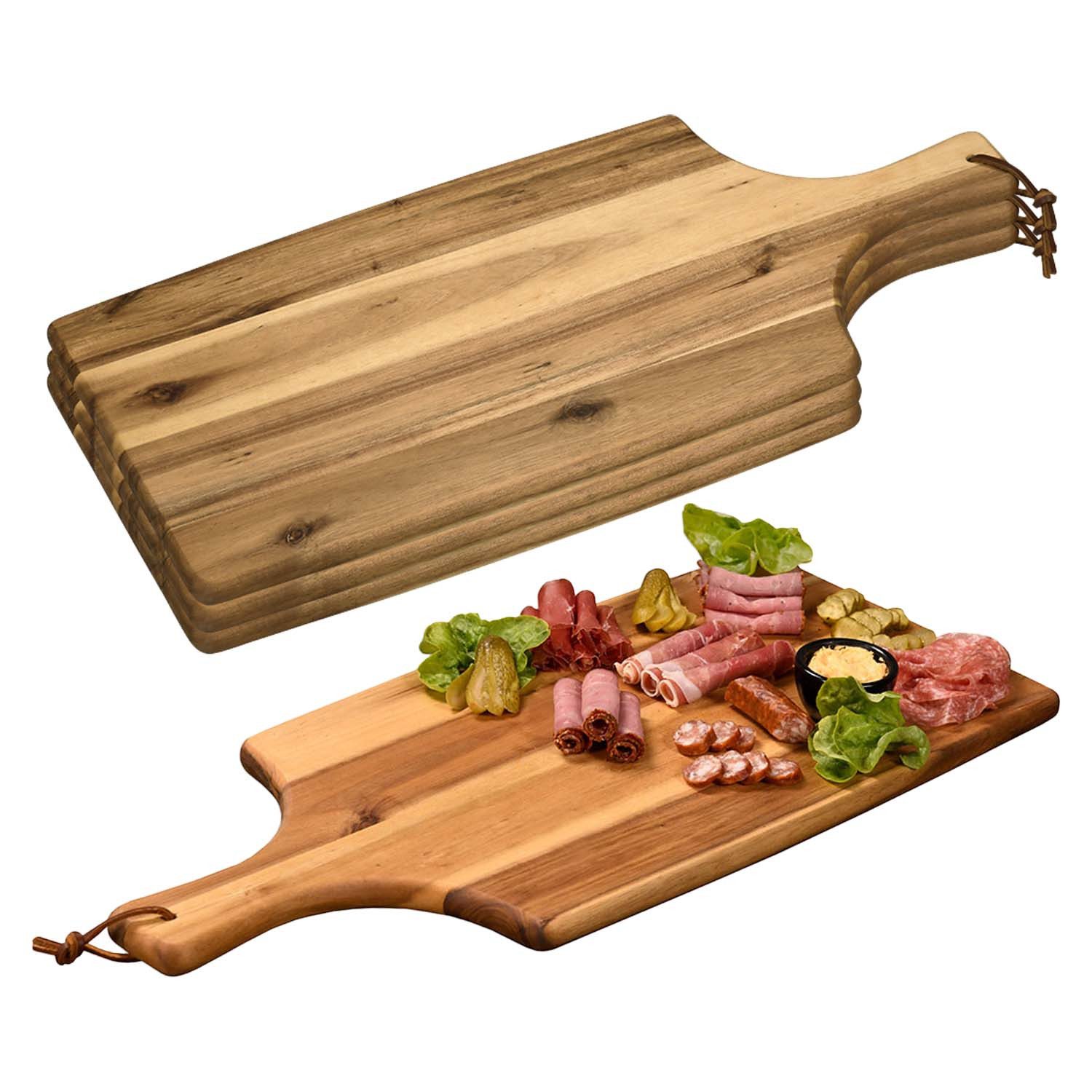 Kesper Servierbrett 4 Stück Servierbrett mit Tragegriff - Akazienholz - 55 x 25cm, Holz, (4-St), mit Tragegriff, mit Lederband