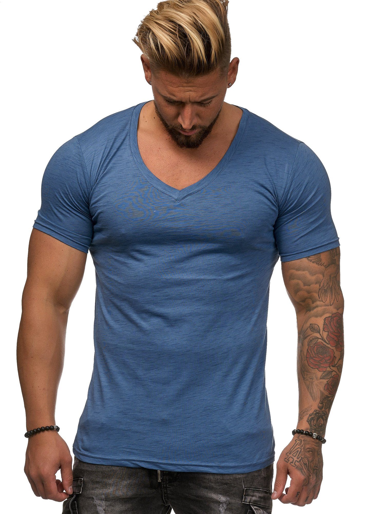 OneRedox T-Shirt Fitness BS-500C Casual Polo 1-tlg) Freizeit Tee, Kurzarmshirt (Shirt Blau