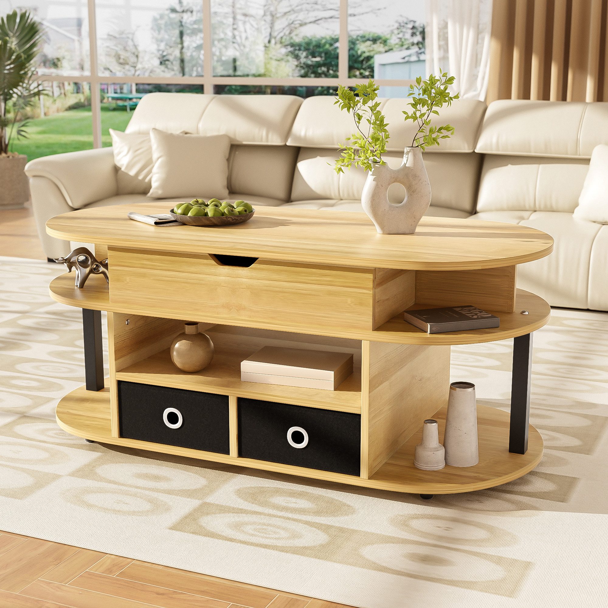 Merax Couchtisch (1-St), Beistelltisch Sofatisch mit Hebefunktion & Stauraum, Holzoptik/Schwarz