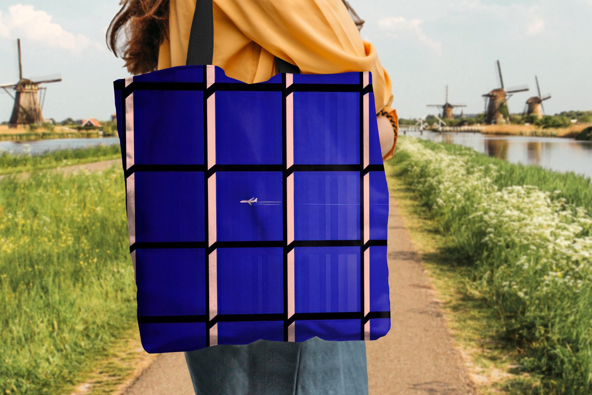 MuchoWow Shopper Flugzeug - Kariert - Blau - Rechteckig, Handtasche, Damen und Herren, Schultertasche, Umhängetasche, Tote Bag