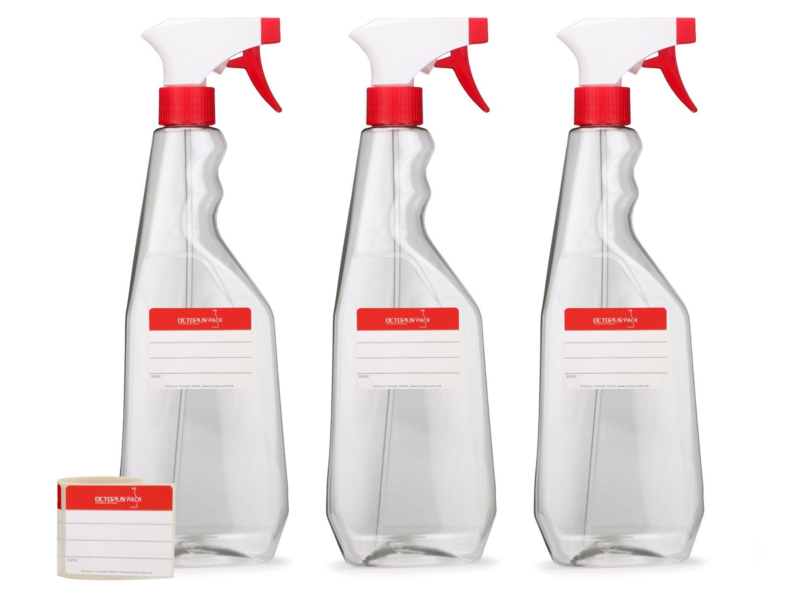 OCTOPUS Zerstäuberflasche 3 x 750ml Sprühflasche aus PET, G28, Sprühpistole rot/weiß (3 St)