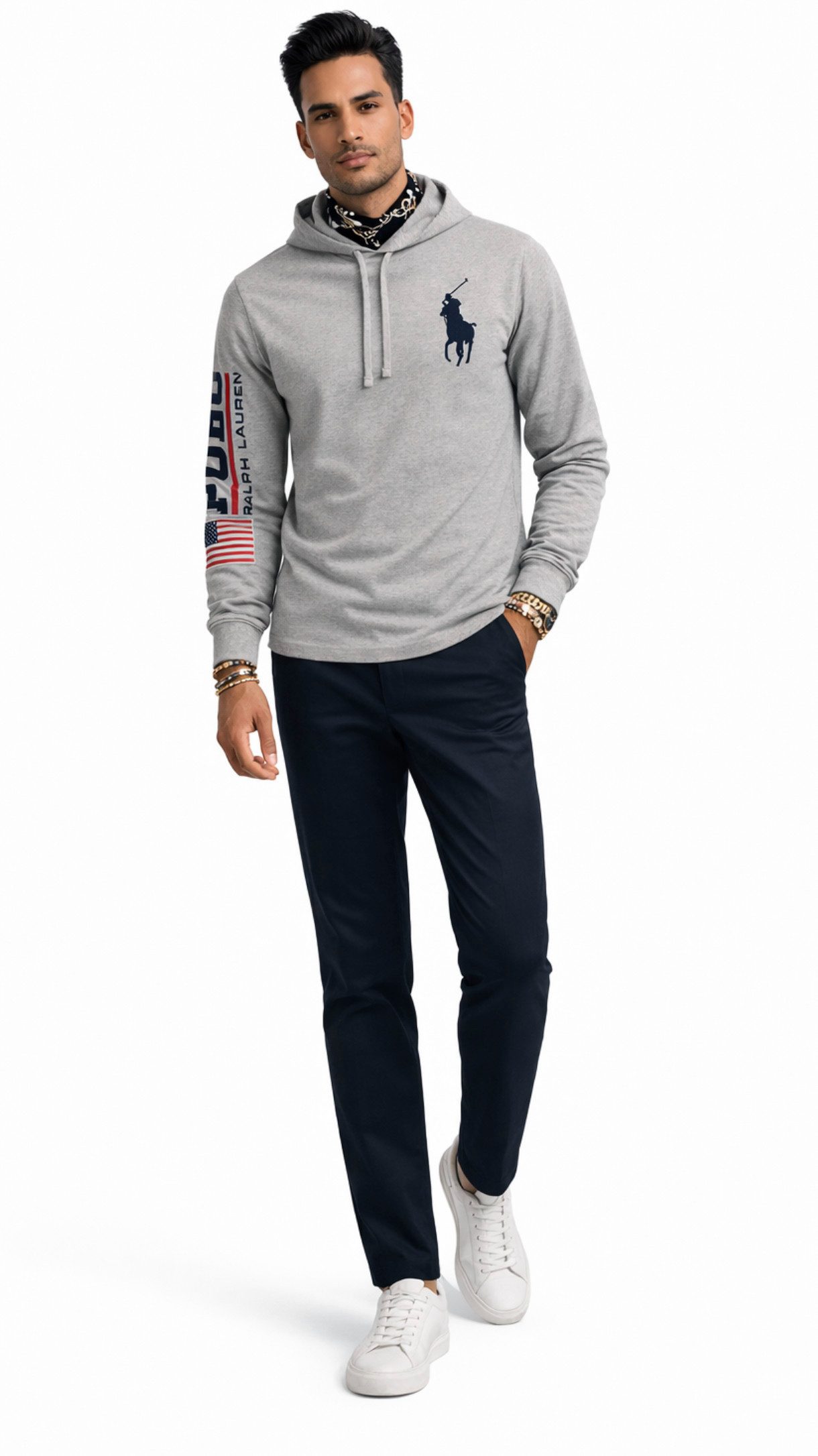Polo Ralph Lauren Longsleeve Hoodie Big Pony Kapuzenpullover Regular Fit Dünner Baumwollstoff Auffälliger „POLO“ Schriftzug mit US-Flagge auf dem Ärmel