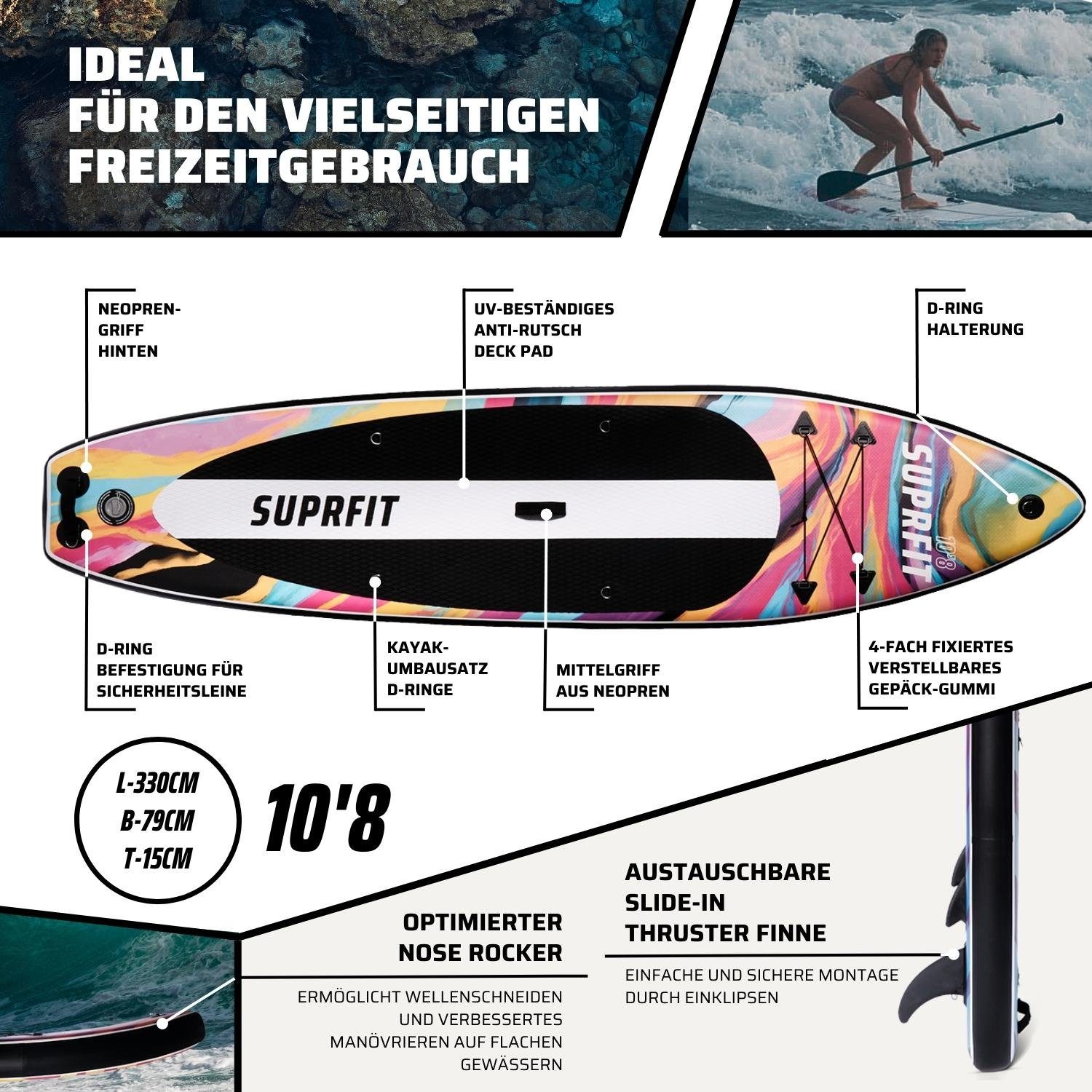 SF SUPRFIT SUP-Board Stand-Up-Paddling Board Aquarell, als aufblasbares Komplett-Set, Stand Up Paddle Board mit doppelter PVC Schichtung, Optimal ab 60 kg, max 140 kg - 330 x 78 x 15 cm