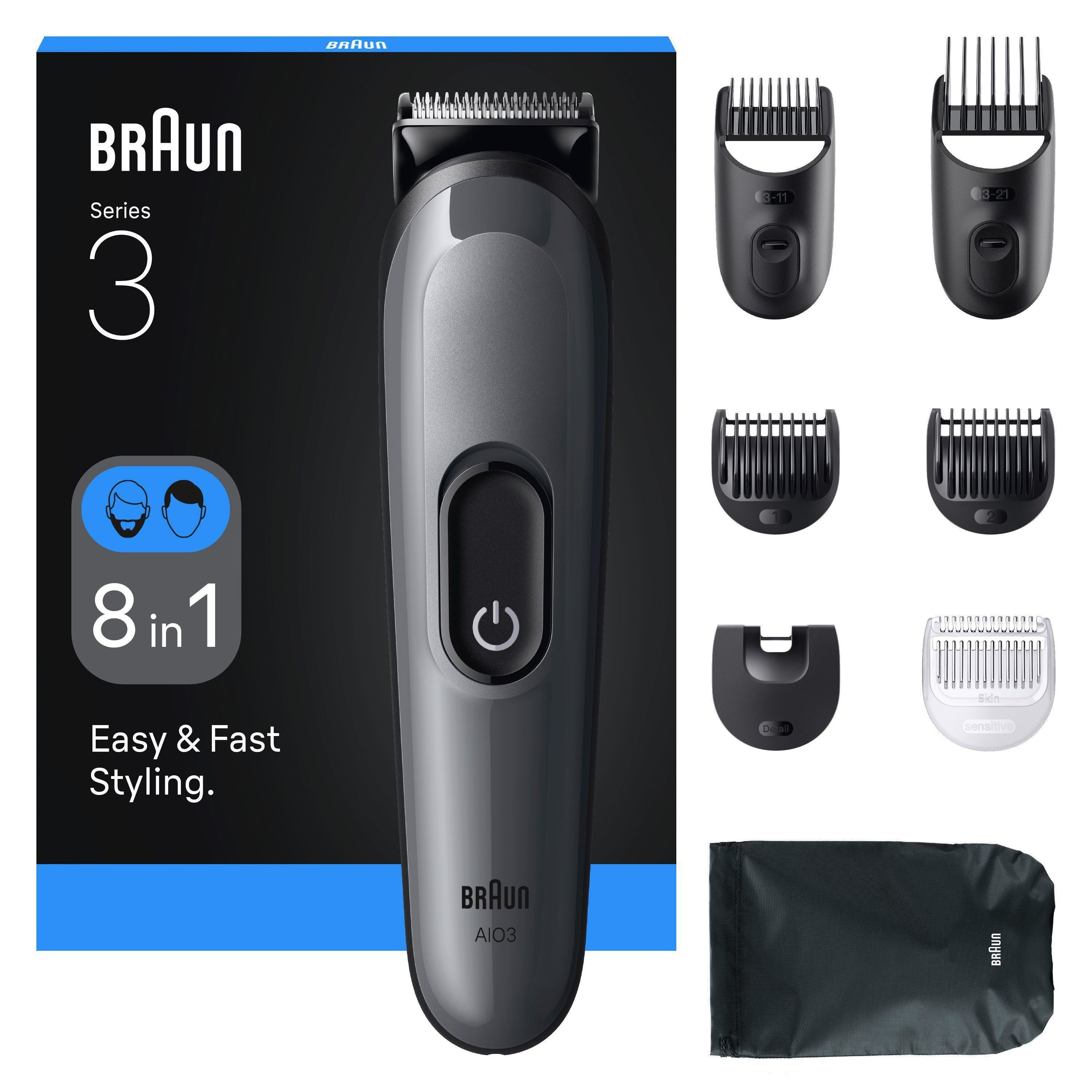 Braun Haarschneider All-in-One Series 3, 8in1 Pflegeset, ultrascharfe Klinge, 14 Längeneinstellungen, 50 Min Akkulaufzeit