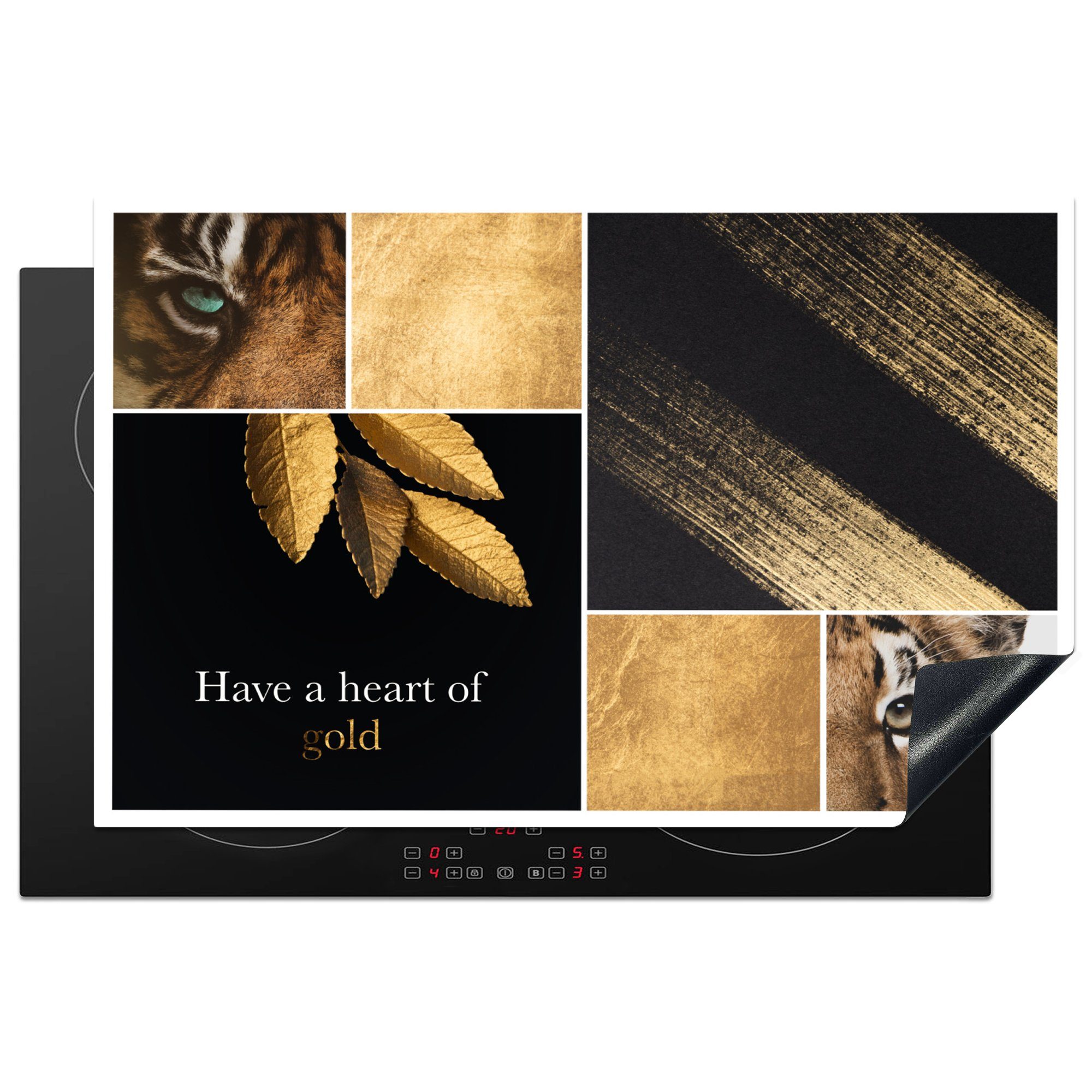 MuchoWow Herdblende-/Abdeckplatte Collage - Tiger - Blattgold, Vinyl, (1 tlg), 81x52 cm, Induktionskochfeld Schutz für die küche, Ceranfeldabdeckung