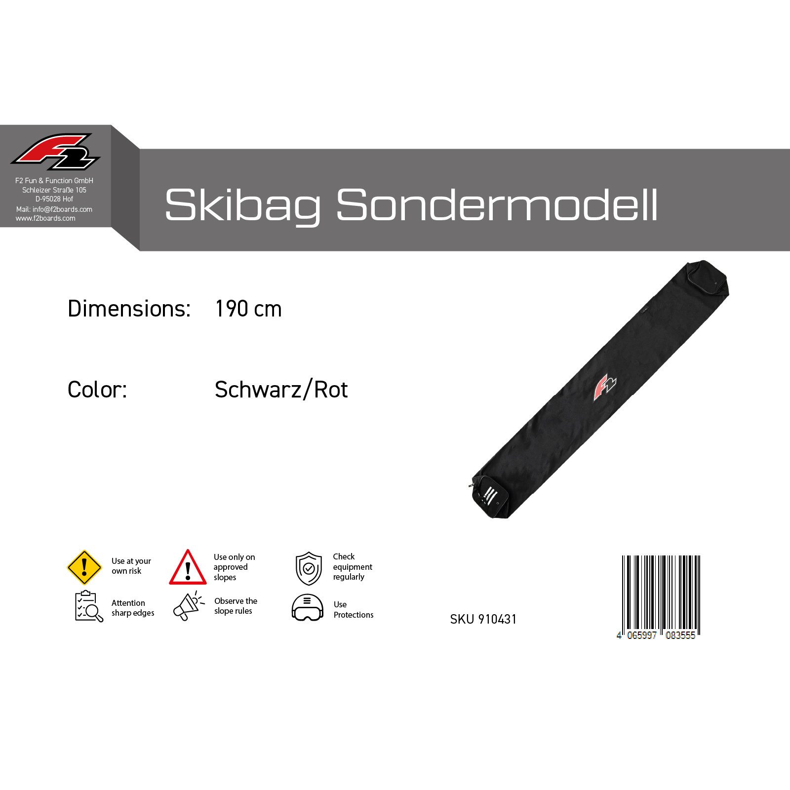 F2 Board Bag F2 Skibag Ski Tasche Sondermodell 190cm Schwarz/Rot