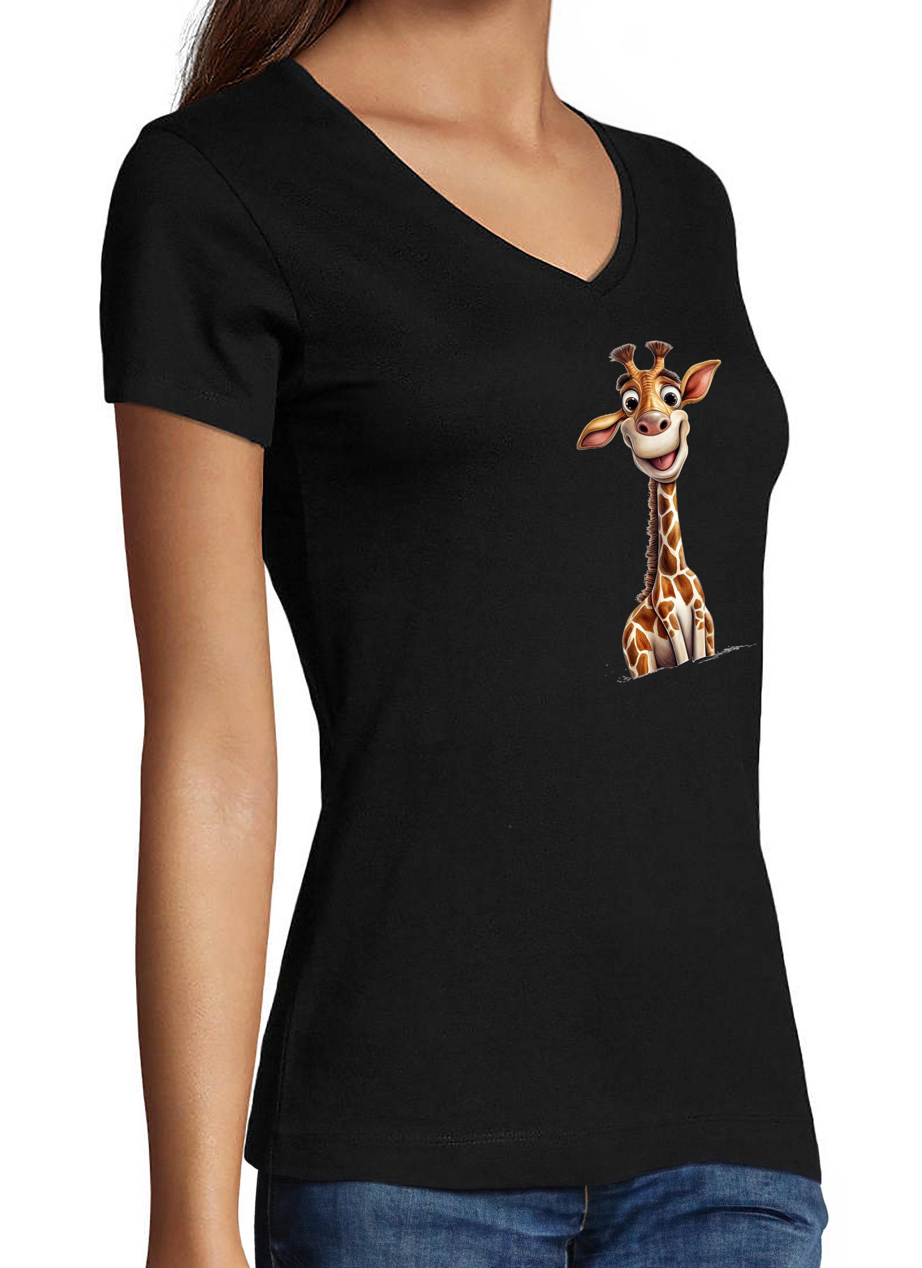 Baby V-Ausschnitt Wildtier Print T-Shirt - Slim i273 Fit, Giraffe Damen MyDesign24 schwarz Aufdruck mit Baumwollshirt Shirt