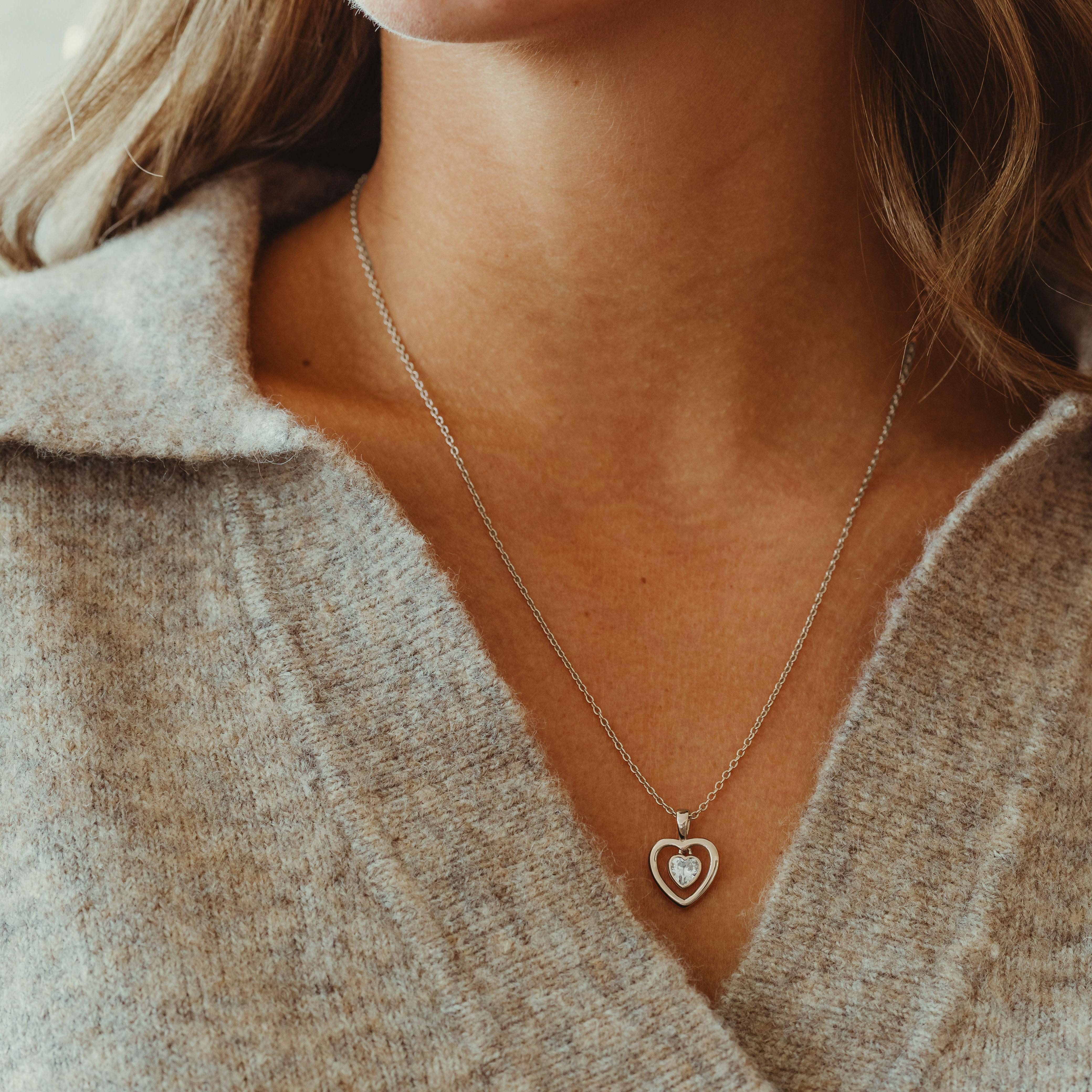 Amoonic Herzkette Halskette Damen Silber 925 Frauen Kette mit Zirkonia Herzanhänger (inkl. Schmucketui), Echte Herz Silberkette Gold Rosegold vergoldet Geschenk Freundin