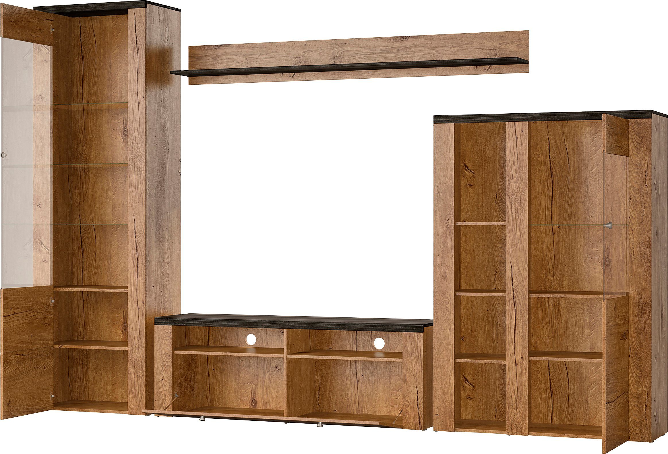 Home affaire Wohnwand Larona, Anbauwand, Set 4 Teilig, (Set, 4-St), bestehend aus 1 TV-Board, 1 Highboard, 1 Vitrine, 1 Wandregal