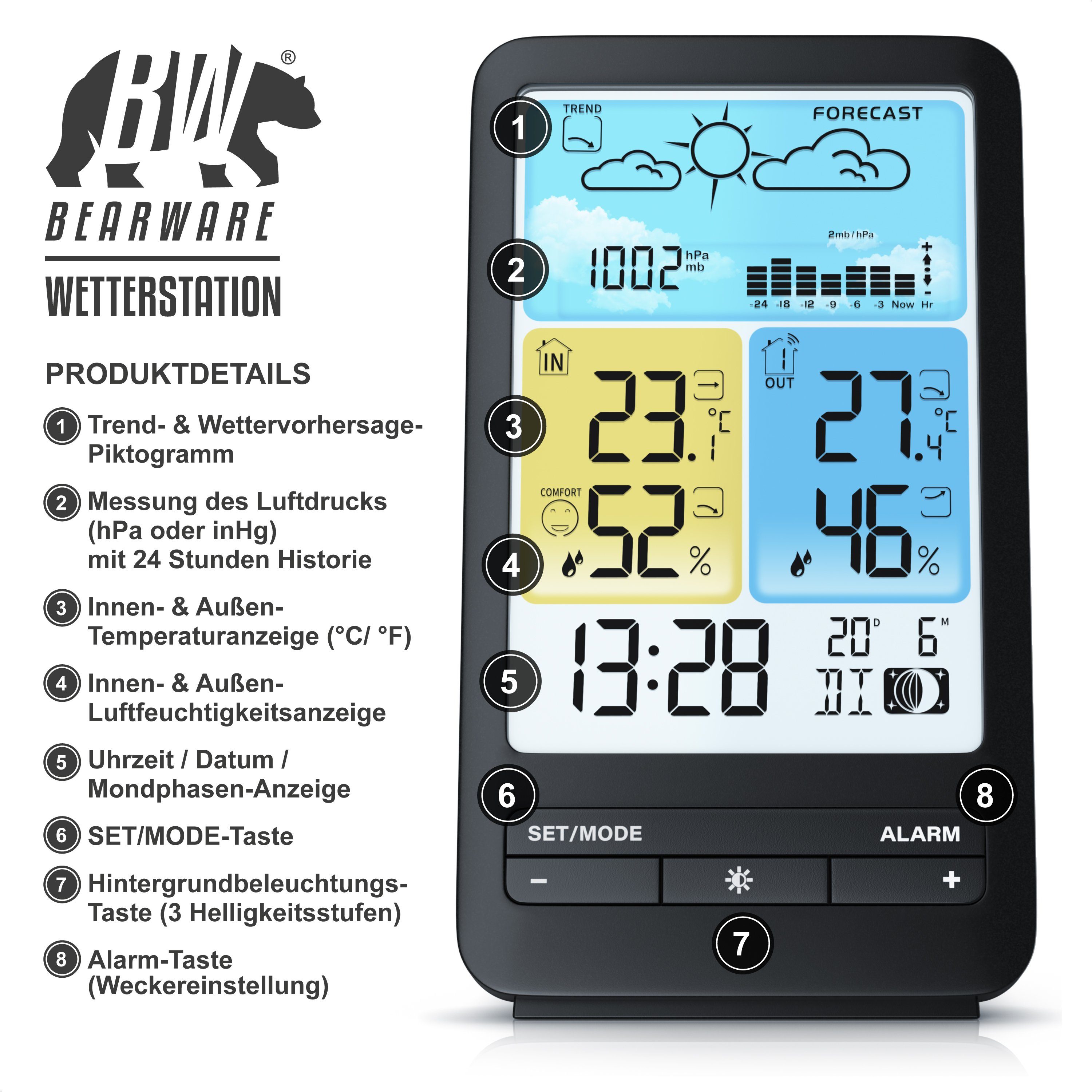 Prognose, Luftdruck, BEARWARE (mit Temperaturwarnung Außensensor, Temperaturtrend, Wetterstation Funk, usw)