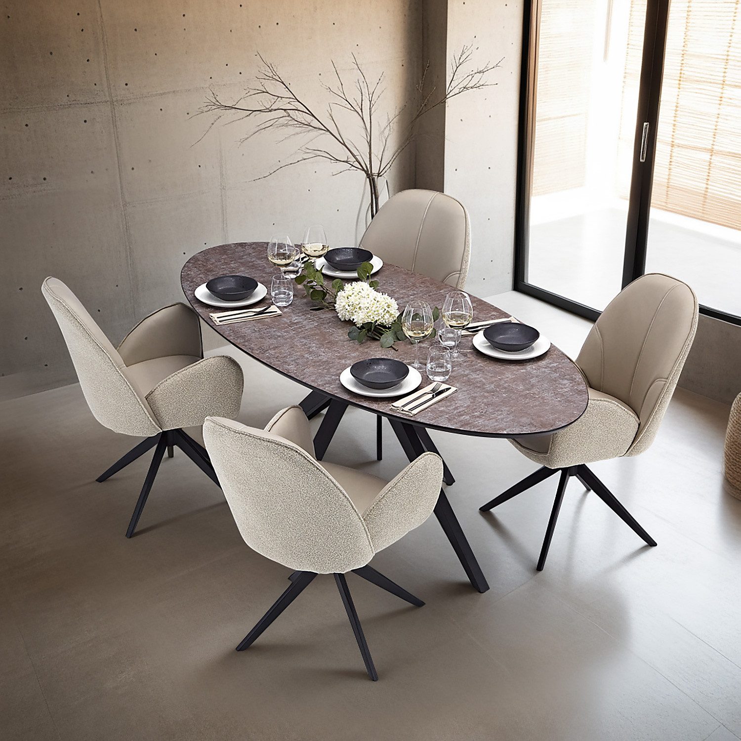 Homestyle4u Essgruppe Esstisch oval mit 4 Stühle Braun Beige Küchentisch Sitzgruppe Sessel, (5-tlg., kratzfest), Bouclé