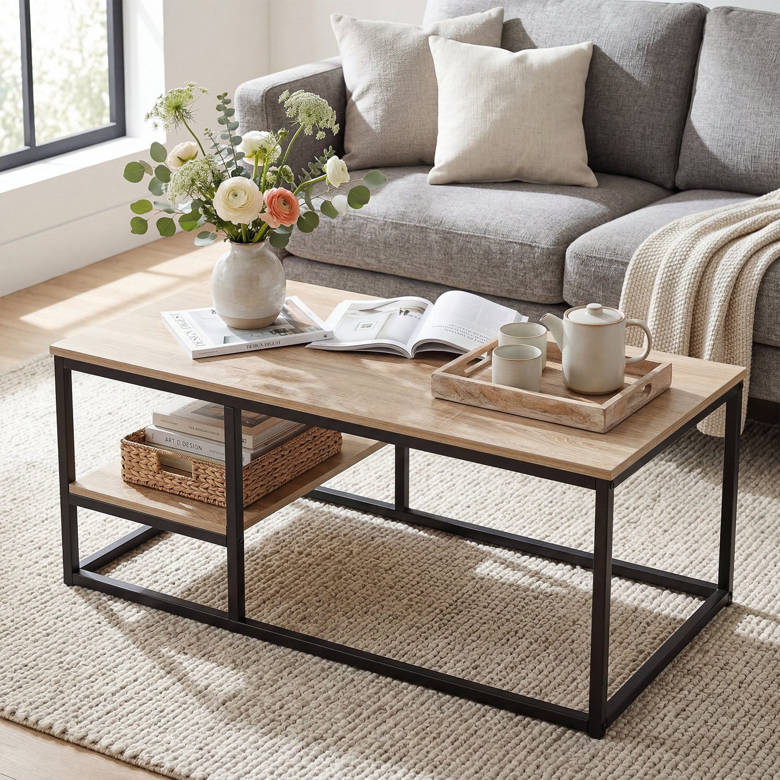 VOWNER Couchtisch Wohnzimmer Tisch, Stahlrahmen (1er-Set), Holzfarbe