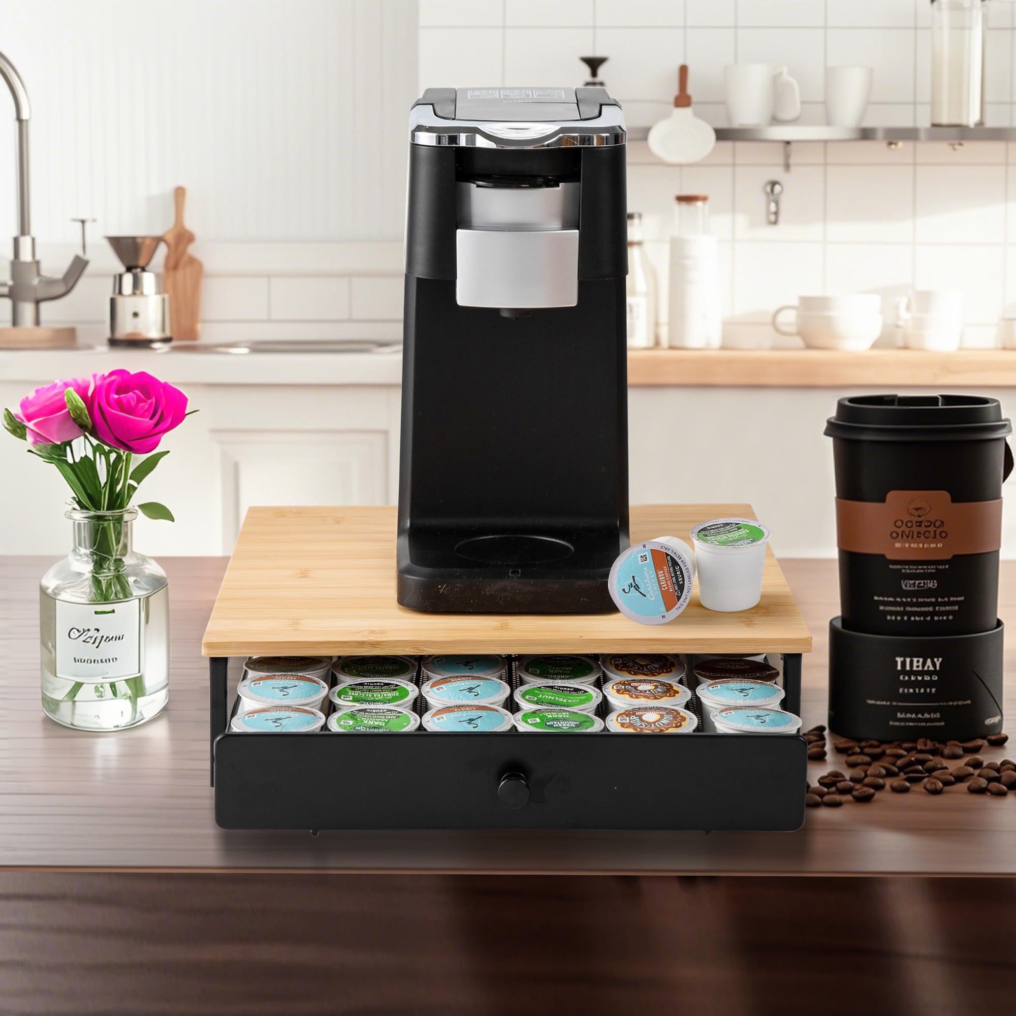 SURFOU Kapselspender Kaffeekapsel-Schublade aus Metall & Bambus – 36 Kapseln Kapazität, Kapselhalter als Schublade–Aufbewahrungsbehälter für die Kaffeestation