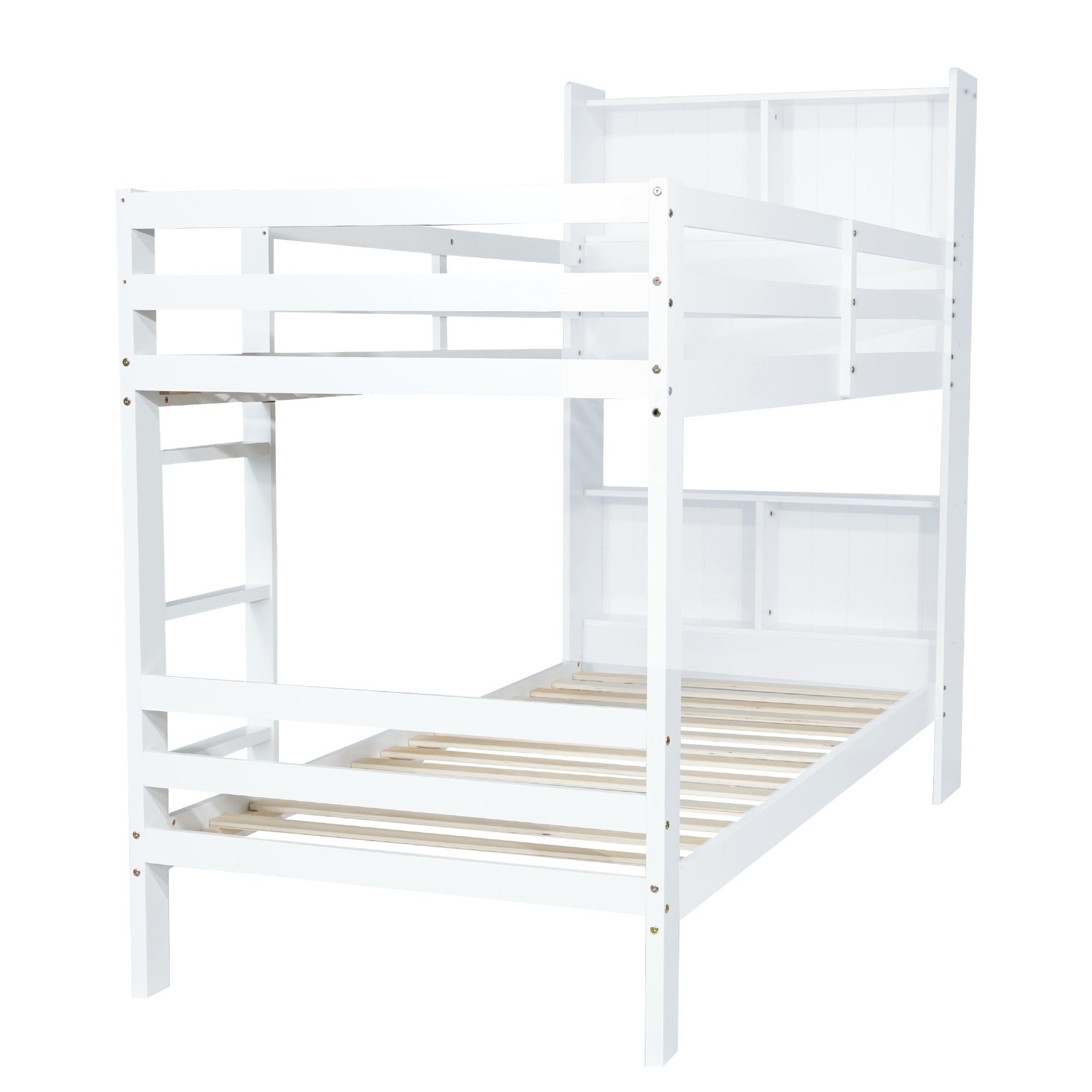 Etagenbett, Hochbett Kinderbett 90x200 cm mit Lattenrost, Leiter und Regale