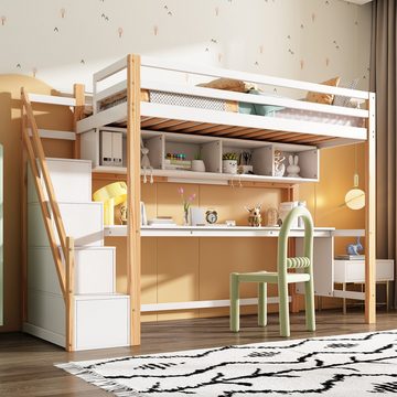 MODFU Etagenbett Kinderbett (Kinderhochbett mit Stauraumtreppe 90*200cm, aus Kiefernholz,mit großen Schreibtisch und Regalen), Umweltfreundliche Farben,natürlich und weiß