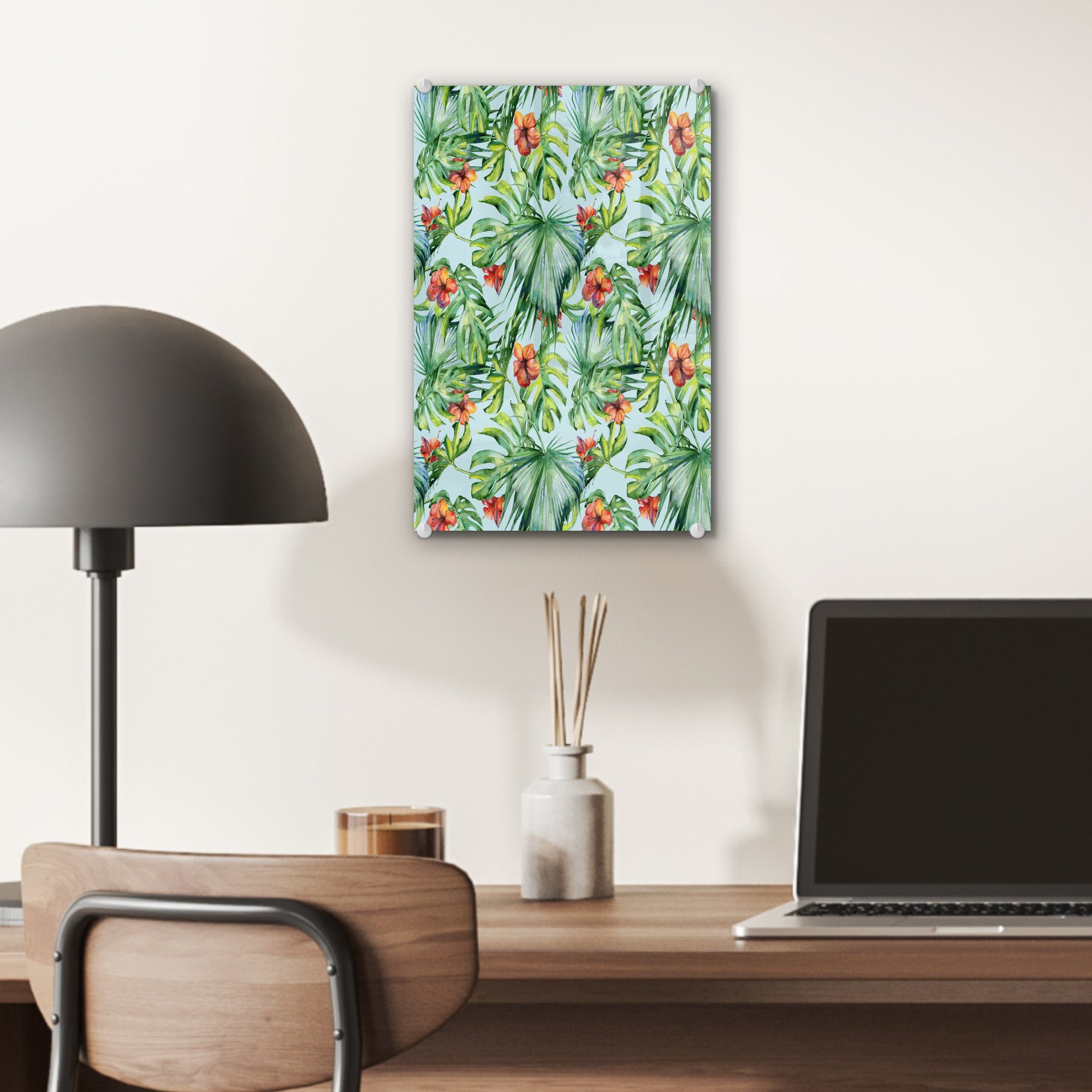 Glas - - - Glas Wanddekoration Wandbild auf Acrylglasbild Monstera (1 Glasbilder Orange, MuchoWow Blumen Bilder - Foto auf St), -