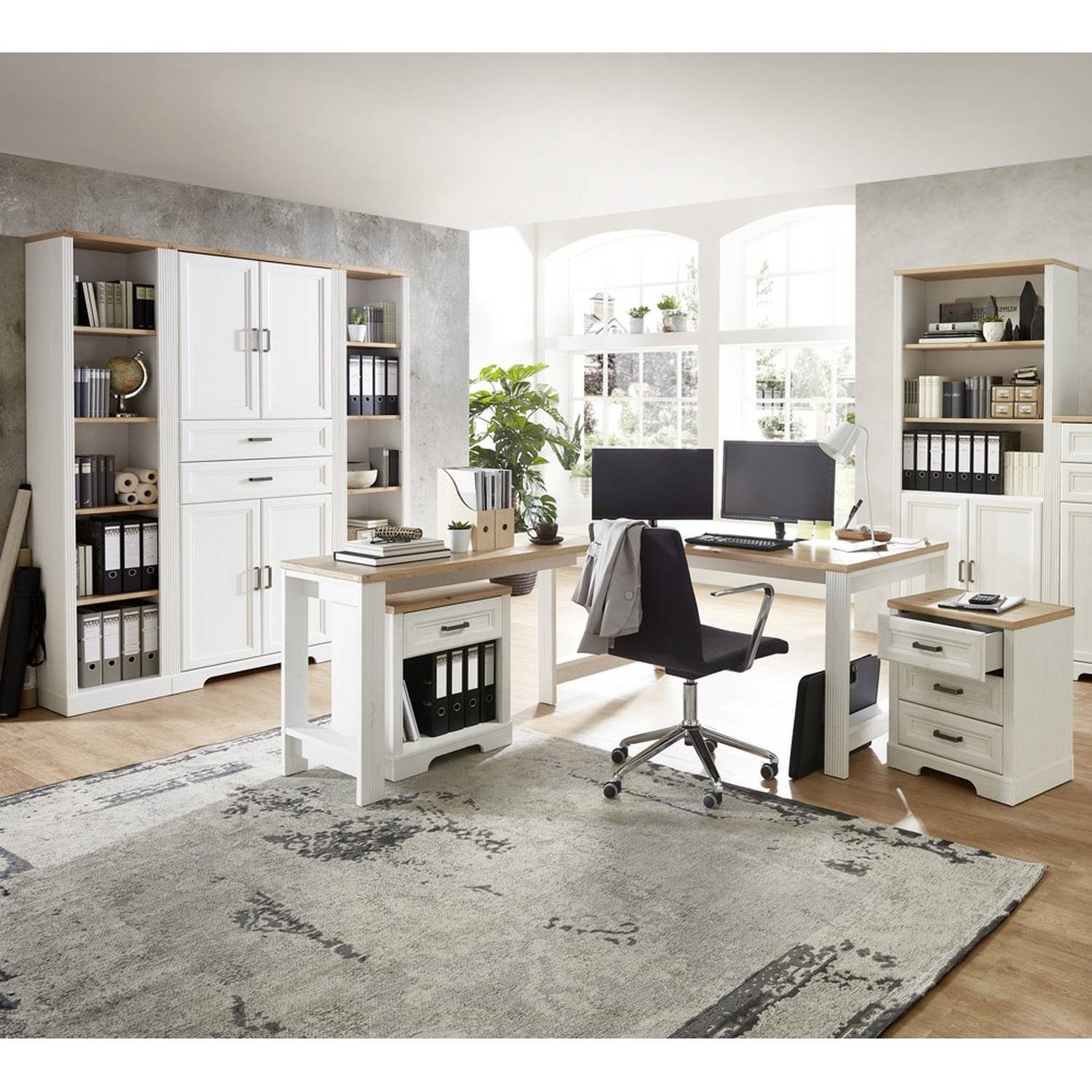 Lomadox Schreibtisch Arbeitszimmer Set in JUELICH-36-O, Pinie Artisan mit JÜLICH-36 hell inkl. Nb. Eiche
