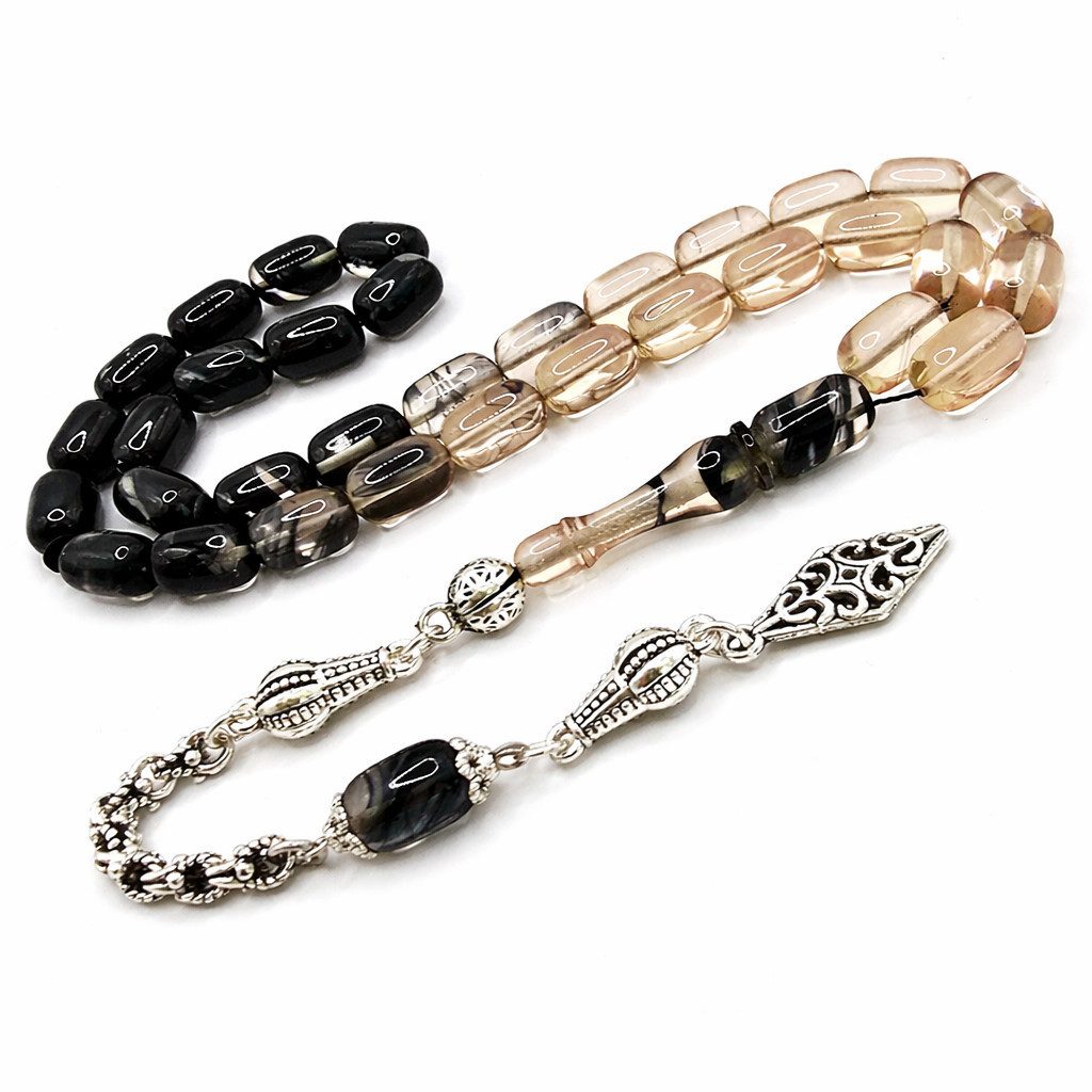 M-Punkt24 Kettenanhänger Tesbih Tespih Sıkma Vizyon Püskül Silberfarbig (Blau-Weiß, Mavi-Beyaz, Kapsül, Gebetskette, Rosary, Misbah, Subha), mit VIZYON Püskül