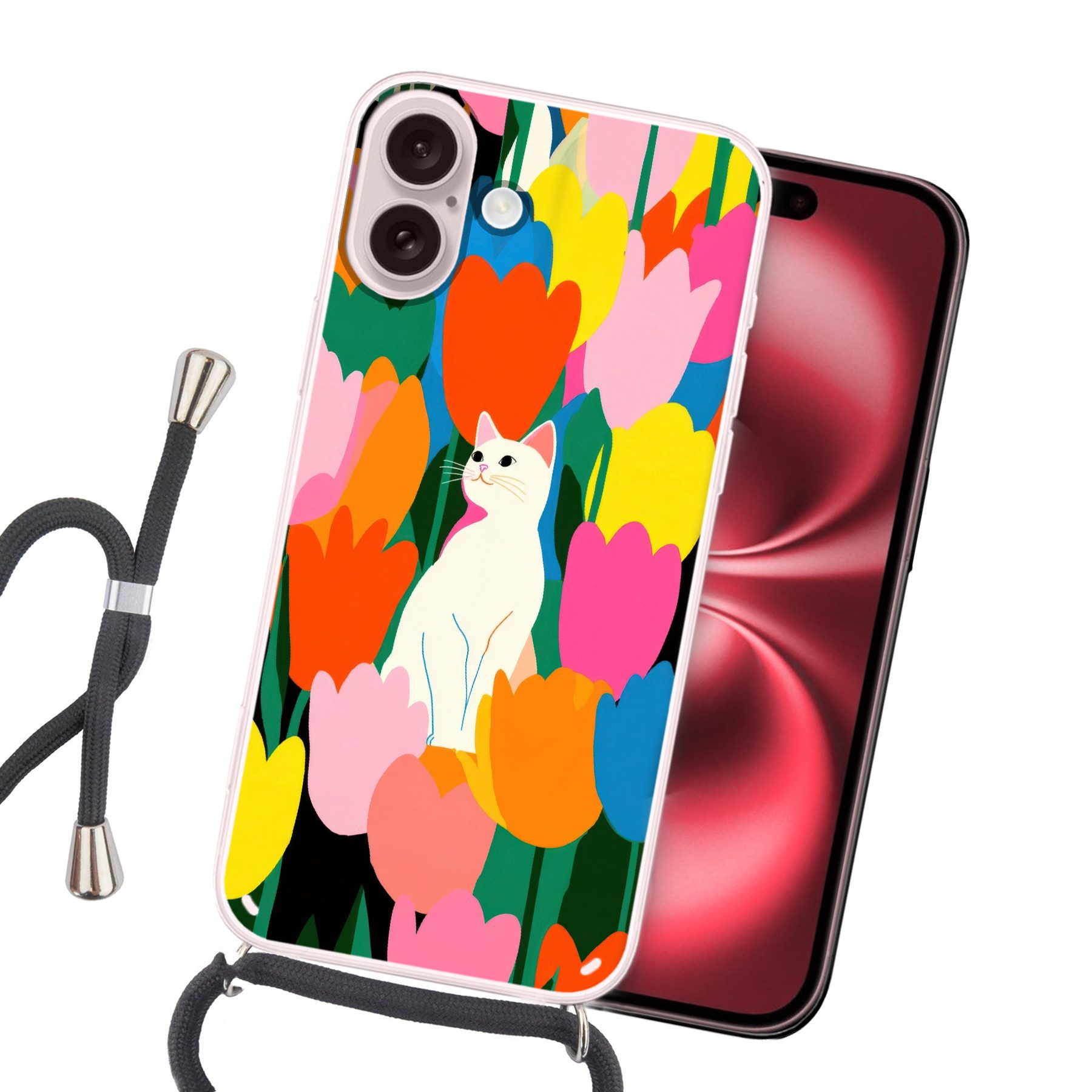 MuchoWow Handyhülle für Apple iPhone 16 Tulpen - Katze - Farbenfroh, Tragbare Handyhüllen mit Kette zum umhängen, Handykette Handyband