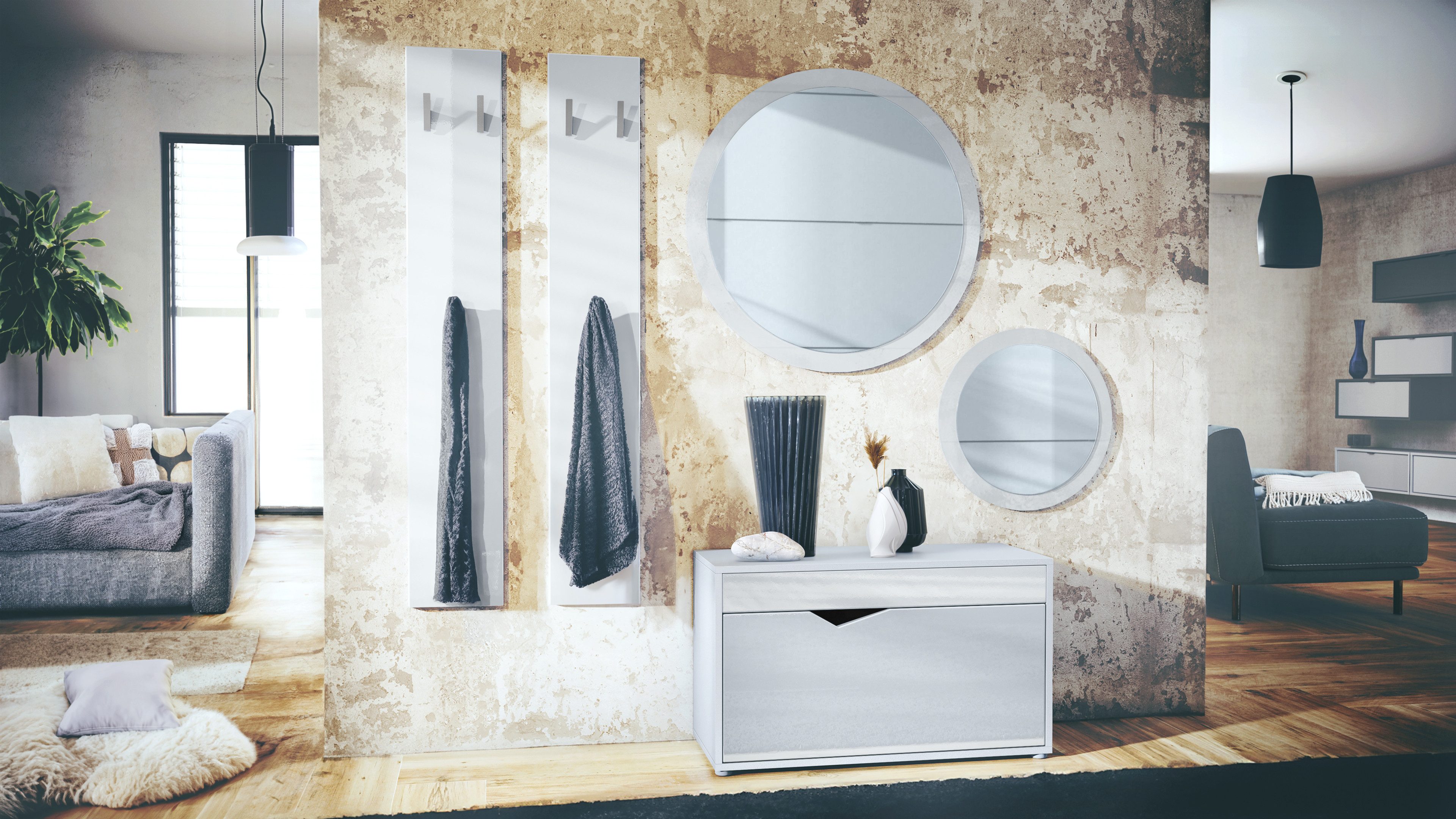 Vladon Garderoben-Set Espoo, (Flur Garderobe, mit Schuhbank, 2 Wandpaneel und 2 Runde Wandspiegel), Weiß matt/Weiß Hochglanz